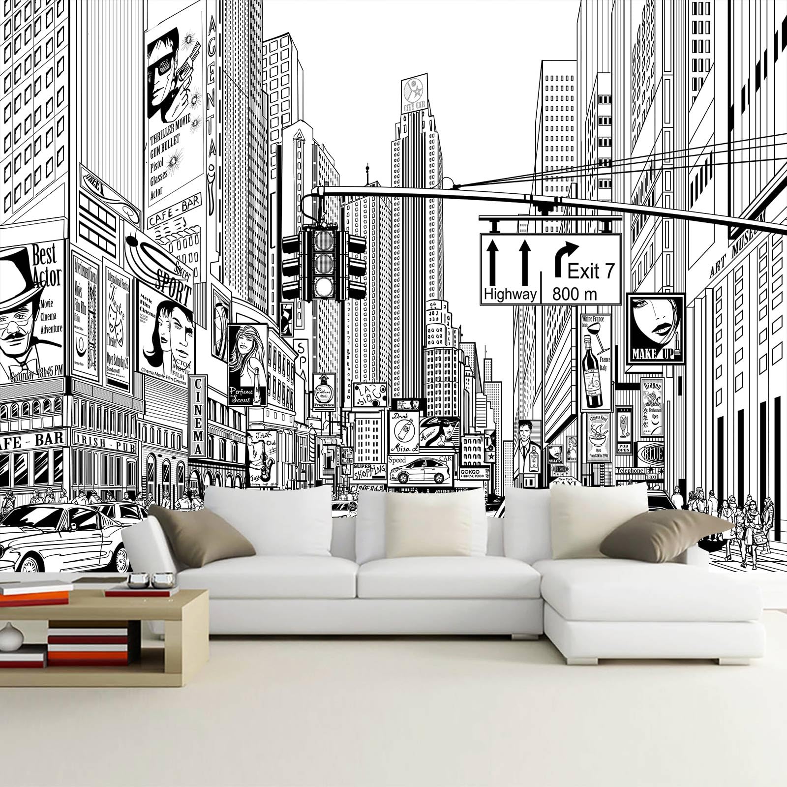 WFBHUA-Black and White City Wallpaper Peel and Stick New York Landscape Self Adhesive Wall Mural for Living Room Bathroom Bedroo