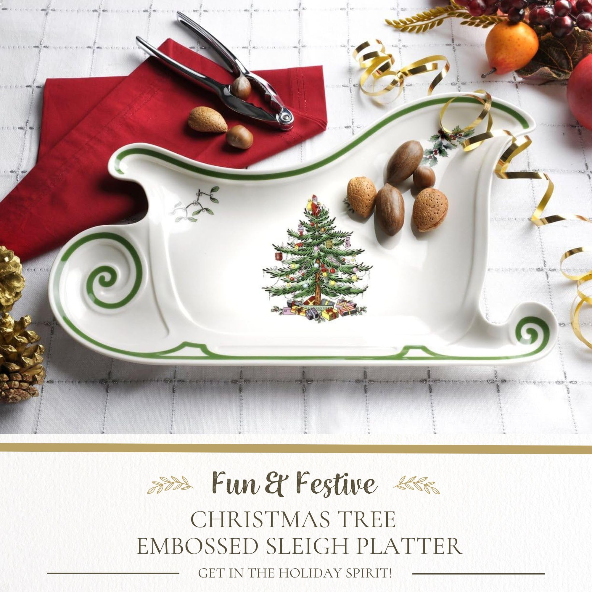 Spode Christmas Tree Embossed Sleigh Plate, 13.5 Festive Serving Dish for Christmas Tableware - Fine Porcelain Decorative Holida