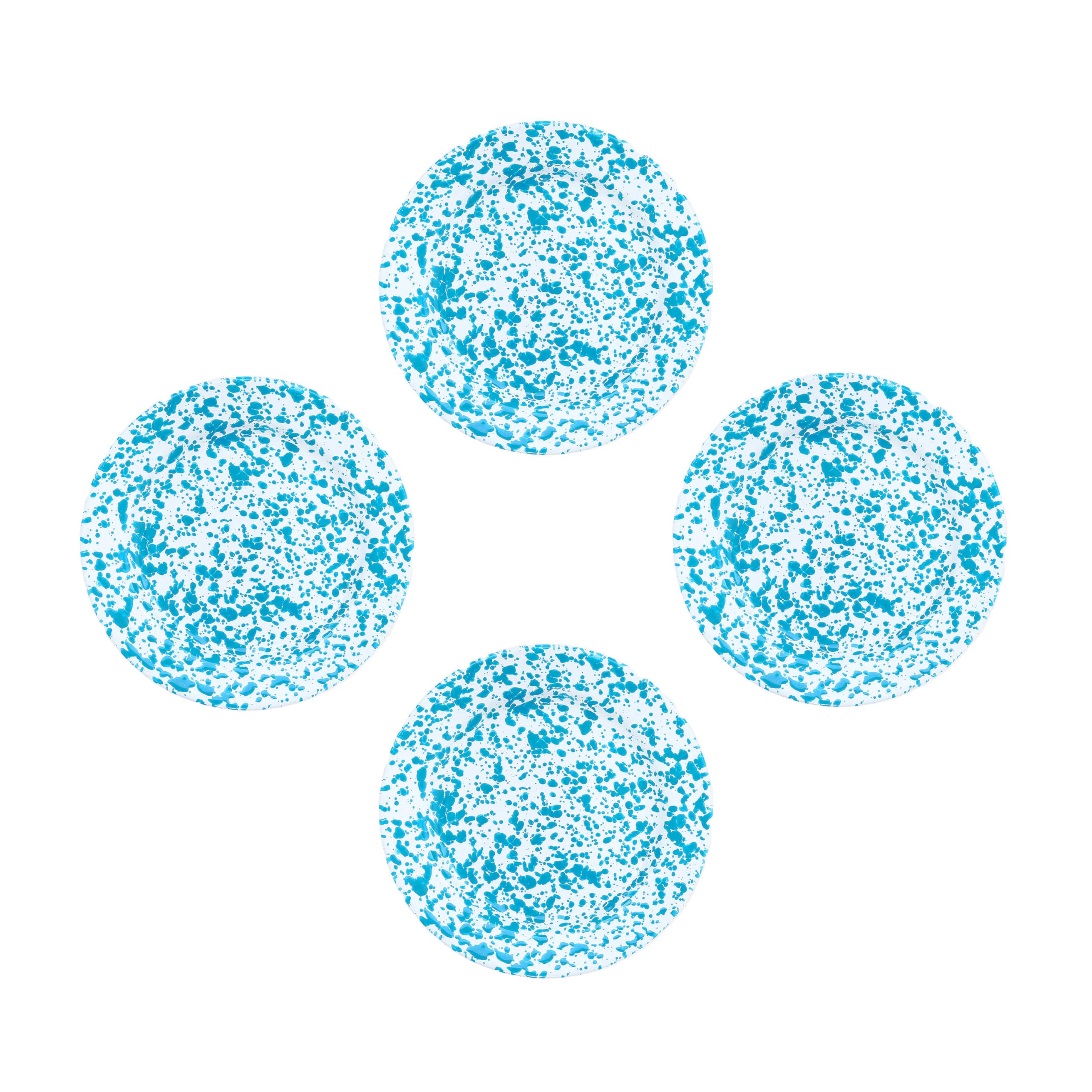 Crow Canyon Home Enamelware Flat Salad Plate, 8 inch, Turquoise/White Splatter (Single)