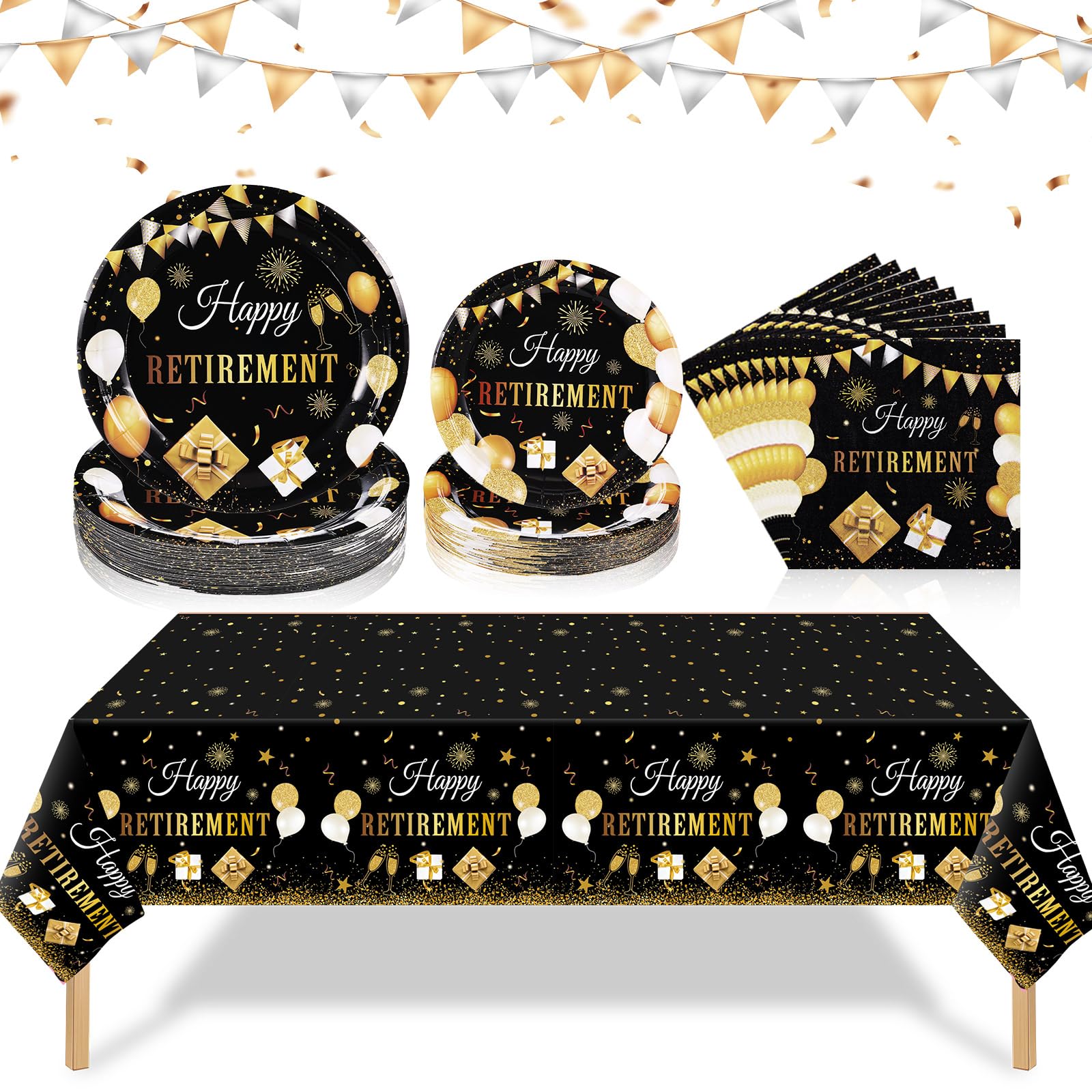 Zhehao 101 Pcs Retirement Party Tableware Set Black and Gold Happy Retirement Party Supplies Includes 50 Paper Plates, 50 Napkin
