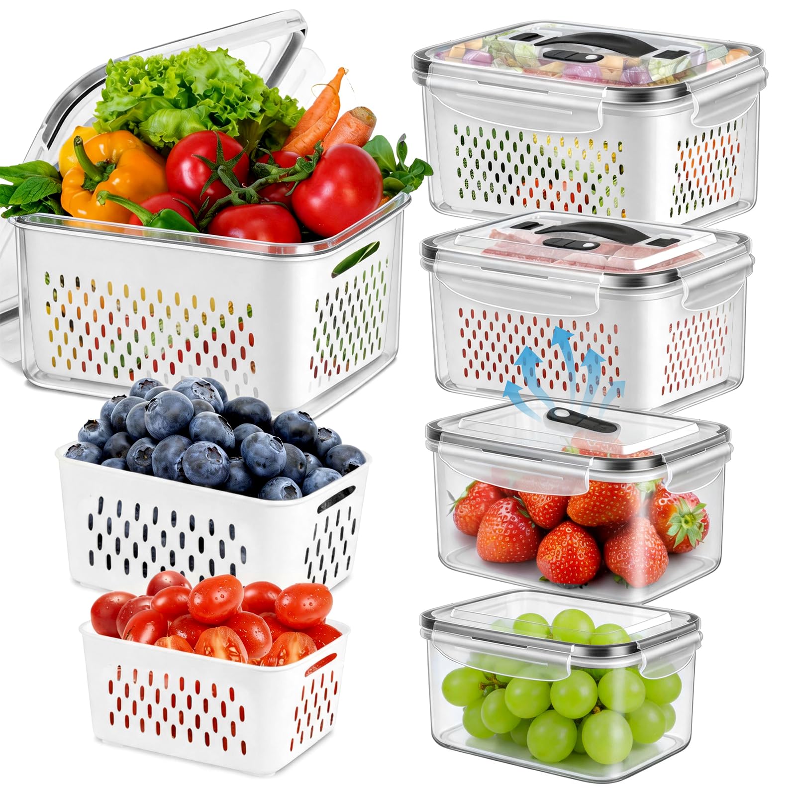 ODOMU 5 Pack Fridge Fruit Storage Containers with Colander, Vent and Handle