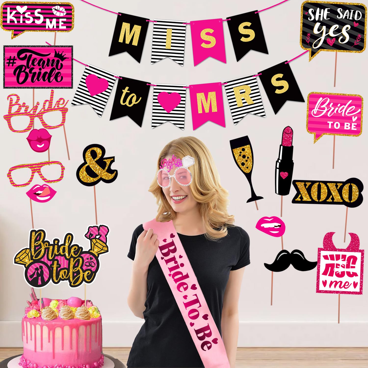 Zyozique Bachelorette Party Or Engagement Party Decorations Kit  Paper Banner , Sash,Cake Topper, Eye Glass & Photo Booth (Pack