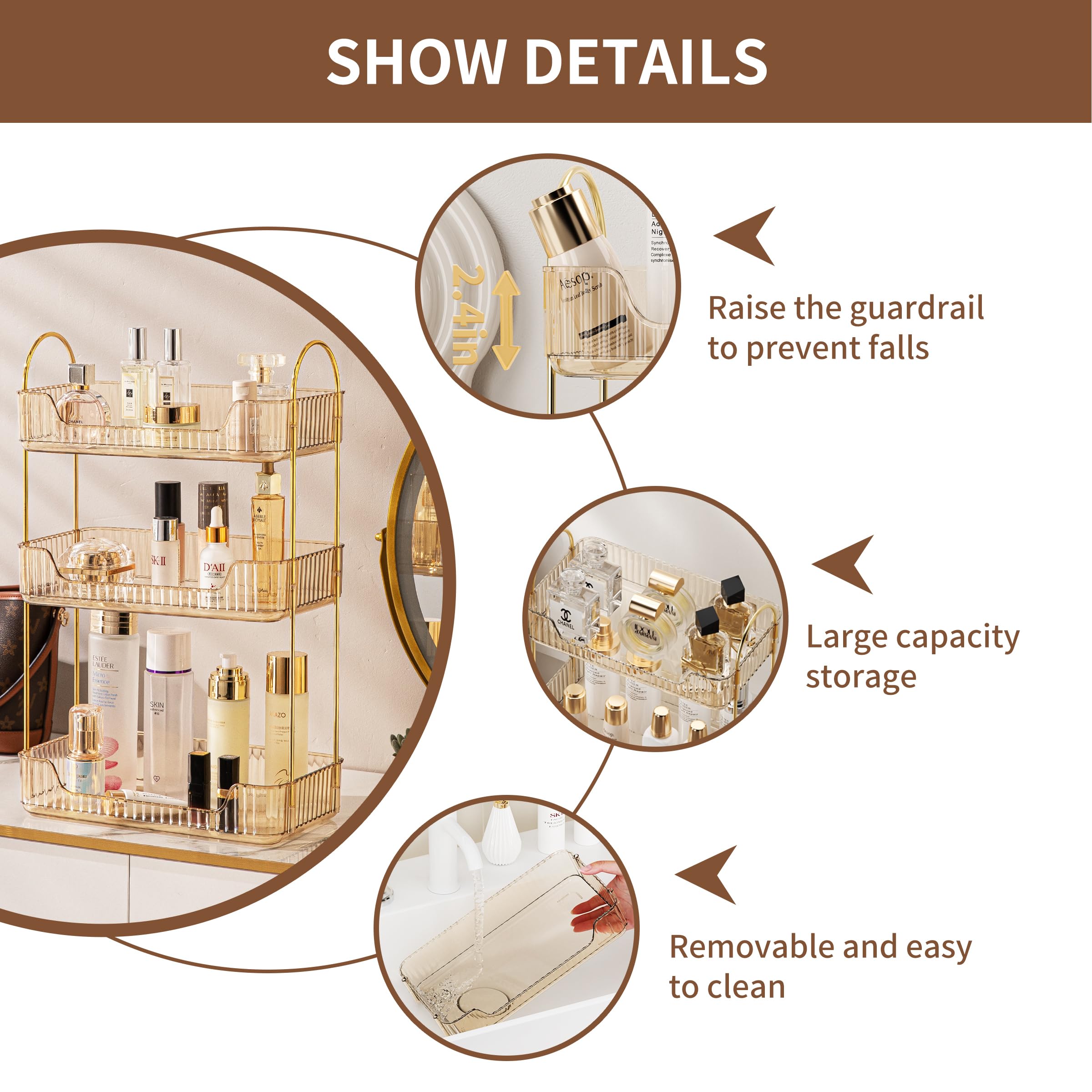 Ycia&Done Bathroom Organizer Countertop 3 Tiers, Makeup Organizer Counter Storage, Skincare Cosmetics Shelf, Perfume Holder For