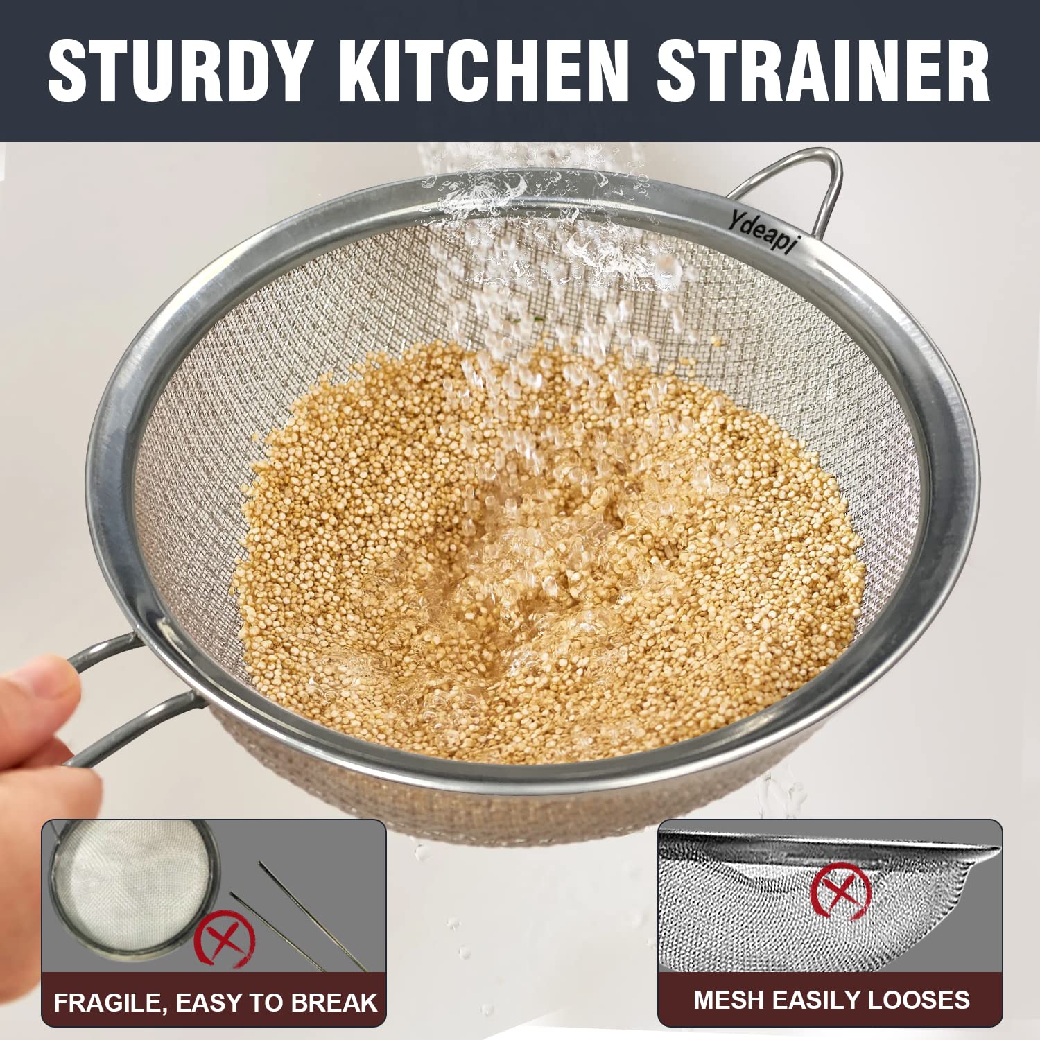 Ydeapi 9'' Large Fine Mesh Strainer With Handle, Metal Food Strainers For Kitchen, Sieve Fine Mesh Stainless Steel For Rice, Qui