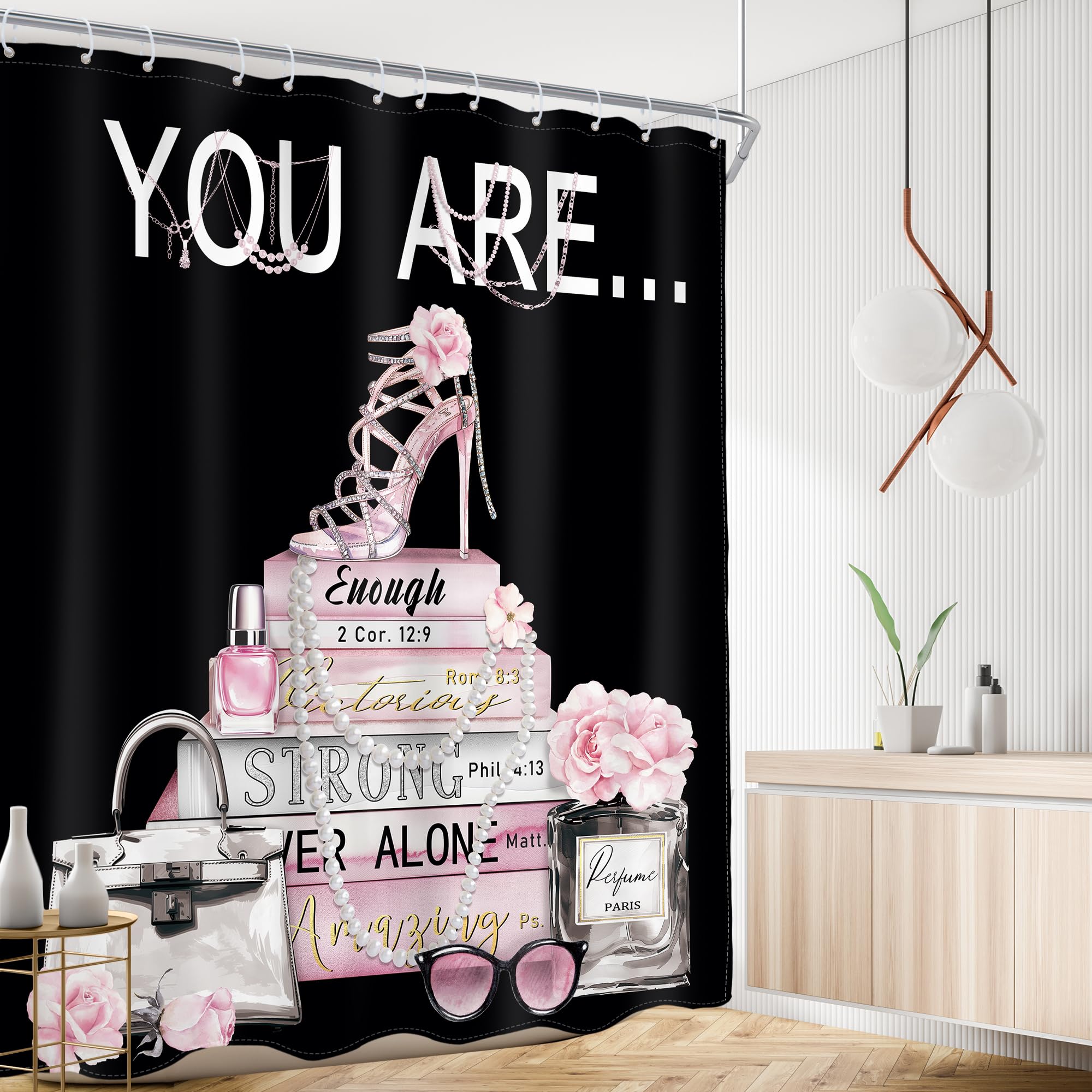 Ambzek Black Fashion Shower Curtain 60Wx72L Inch Pink Women Girls Modern Perfume Flower High Heel Magazine Book You Are Artwork