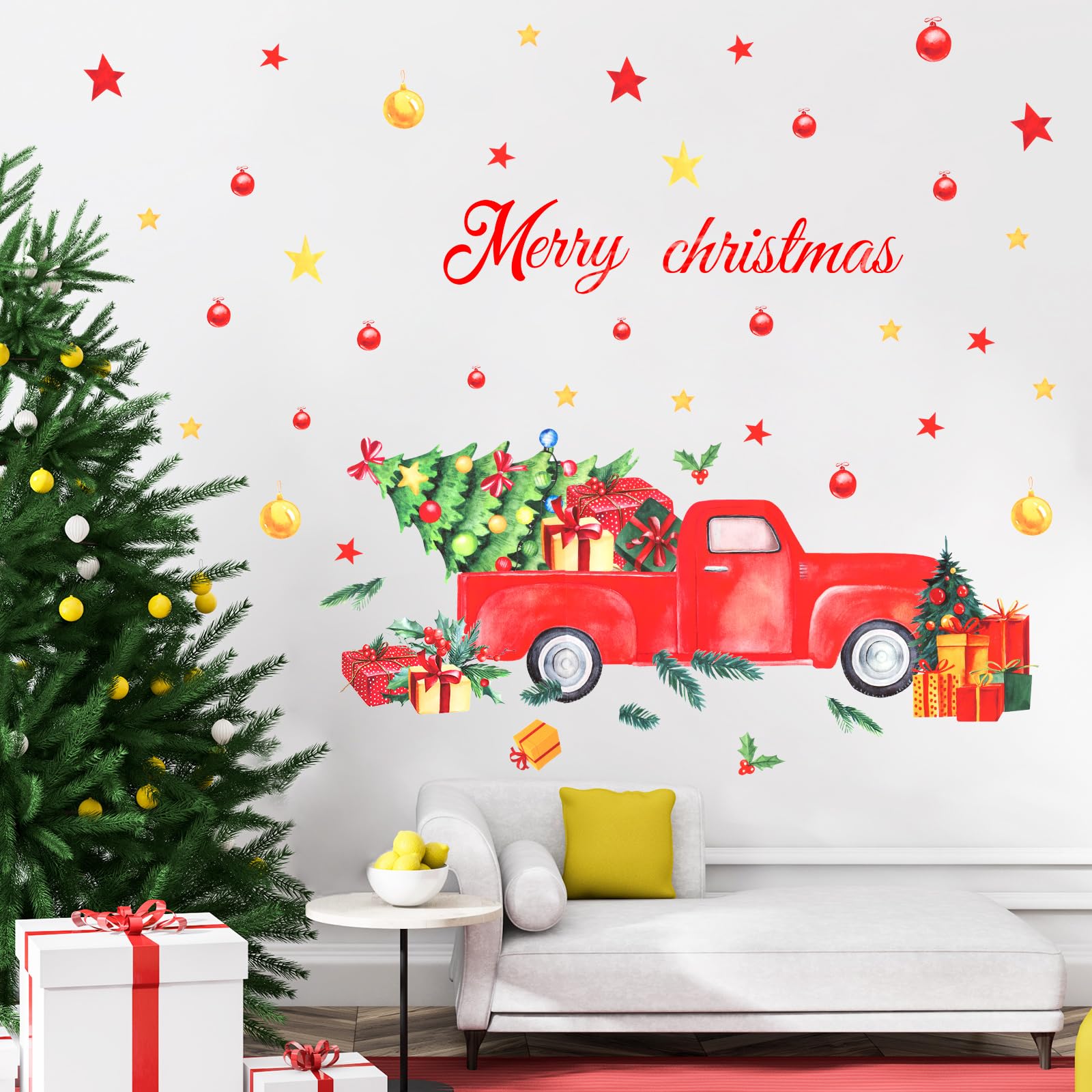 Glenmal 40 Pcs Merry Christmas Wall Decals Christmas Truck Wall Stickers Farmhouse Red Truck with Christmas Trees Wall Decals fo