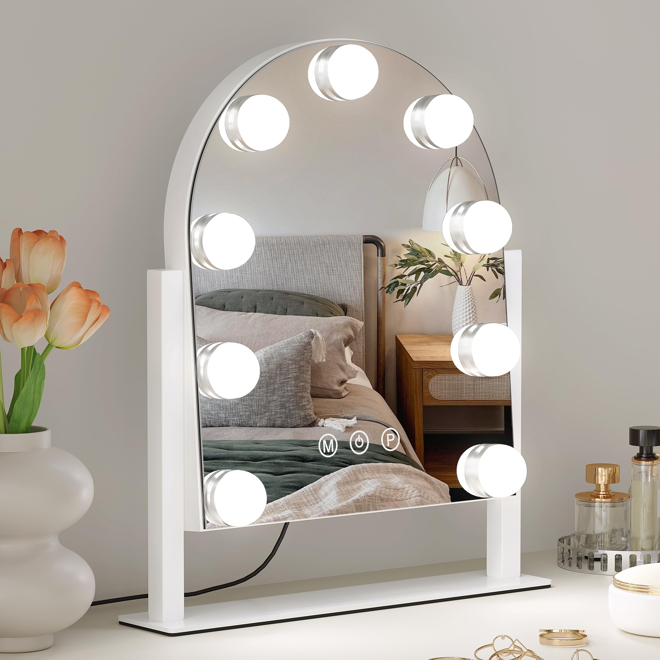 Svioby Vanity Mirror With Lights, 14''X12'' Arched Hollywood Makeup Mirror With 3 Color Modes And 9 Dimmable Bulbs, Desk Vanity