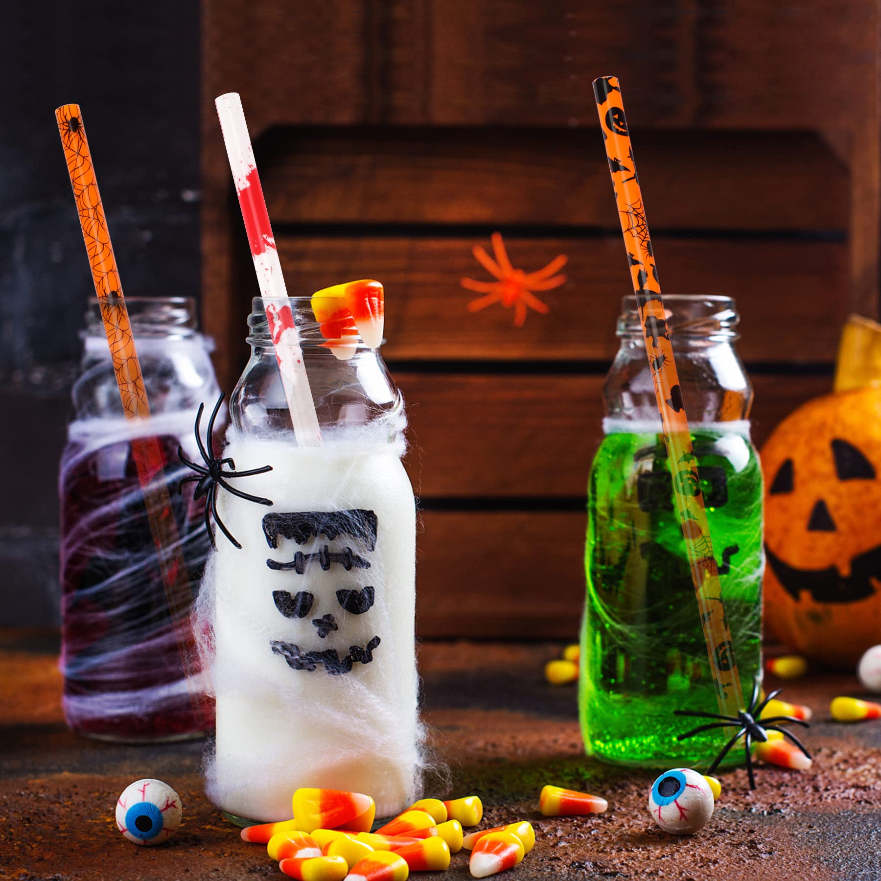Janyun 30 Pcs Halloween Reusable Straws 9Inch Pumpkin Bat Skeleton Spider Printing Hard Plastic Drinking Straw For Mason Jar Tum