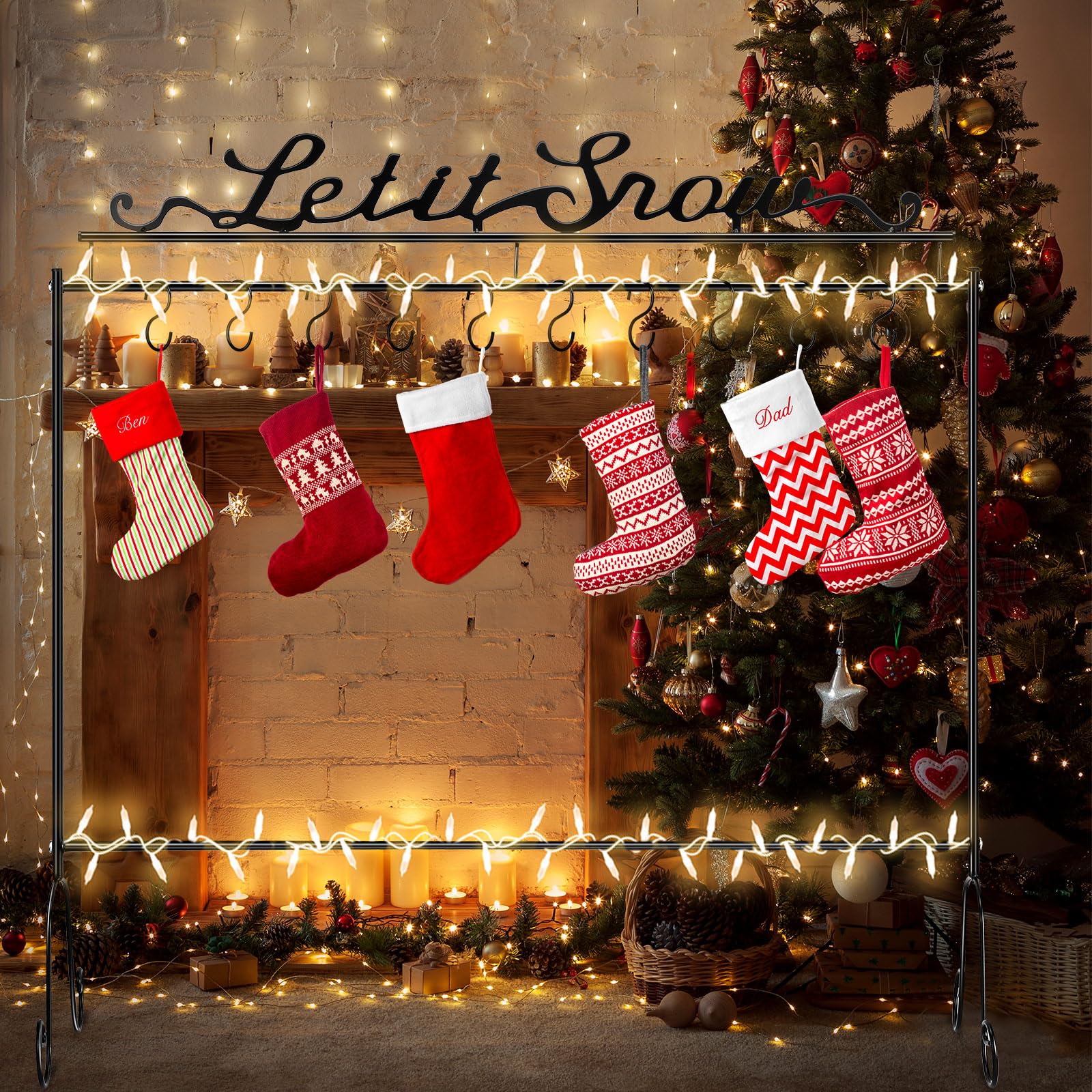 Soaoo Metal Christmas Stocking Holder Stand with 10 Hooks 33.5 x 30 x 8.3 Inch Heavy Duty Freestanding Merry Christmas Stocking