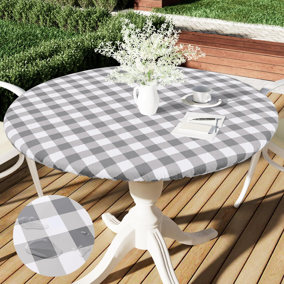 Smiry Round Picnic Table Cloth, Elastic Waterproof Fitted Vinyl Tablecloth For 36''-44'' Tables, Flannel Backed Buffalo Plaid Ta