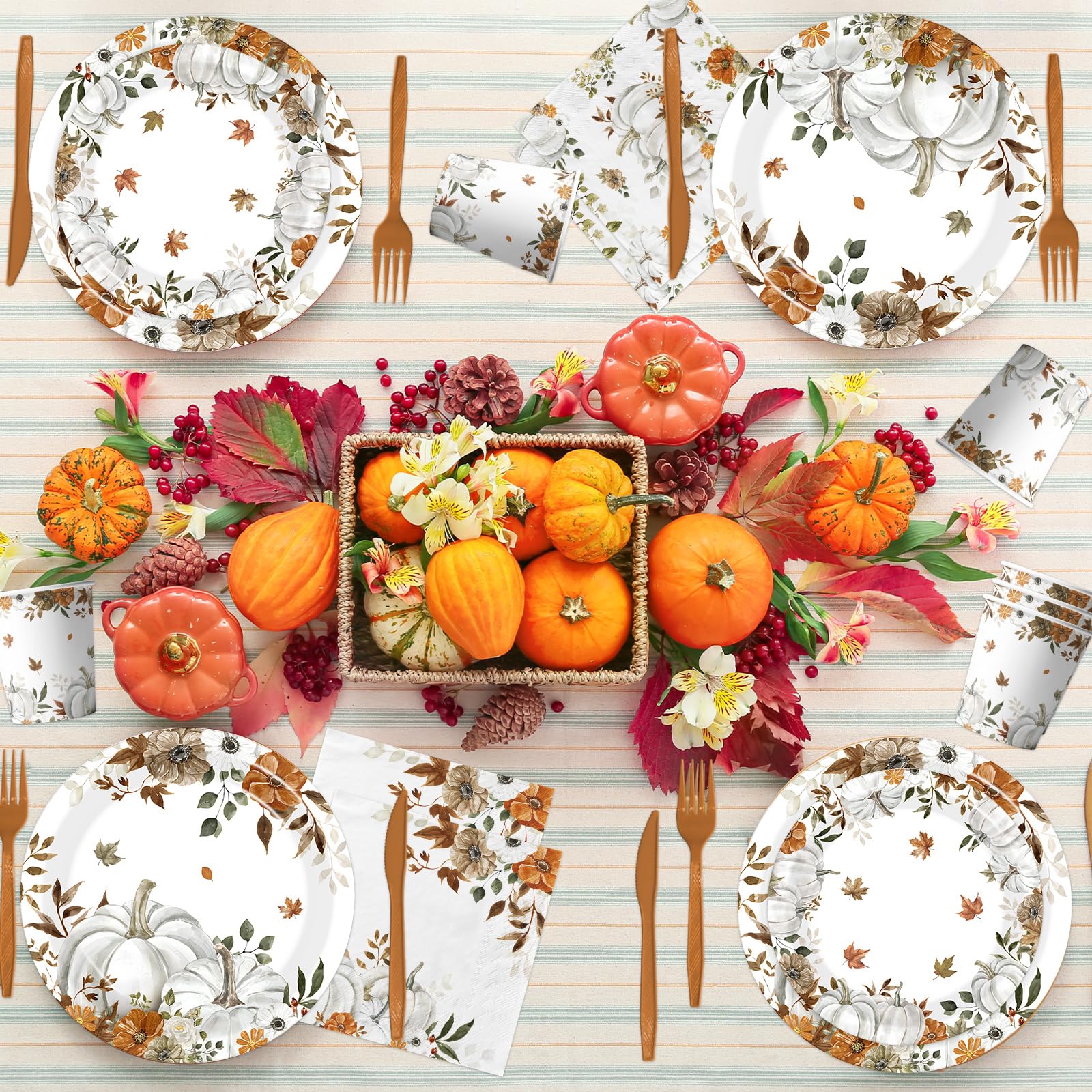 24 Sets Fall Paper Plates and Napkins,Little Pumpkin Baby Shower Decorations,Autumn-Themed Disposable Tableware for Thanksgiving