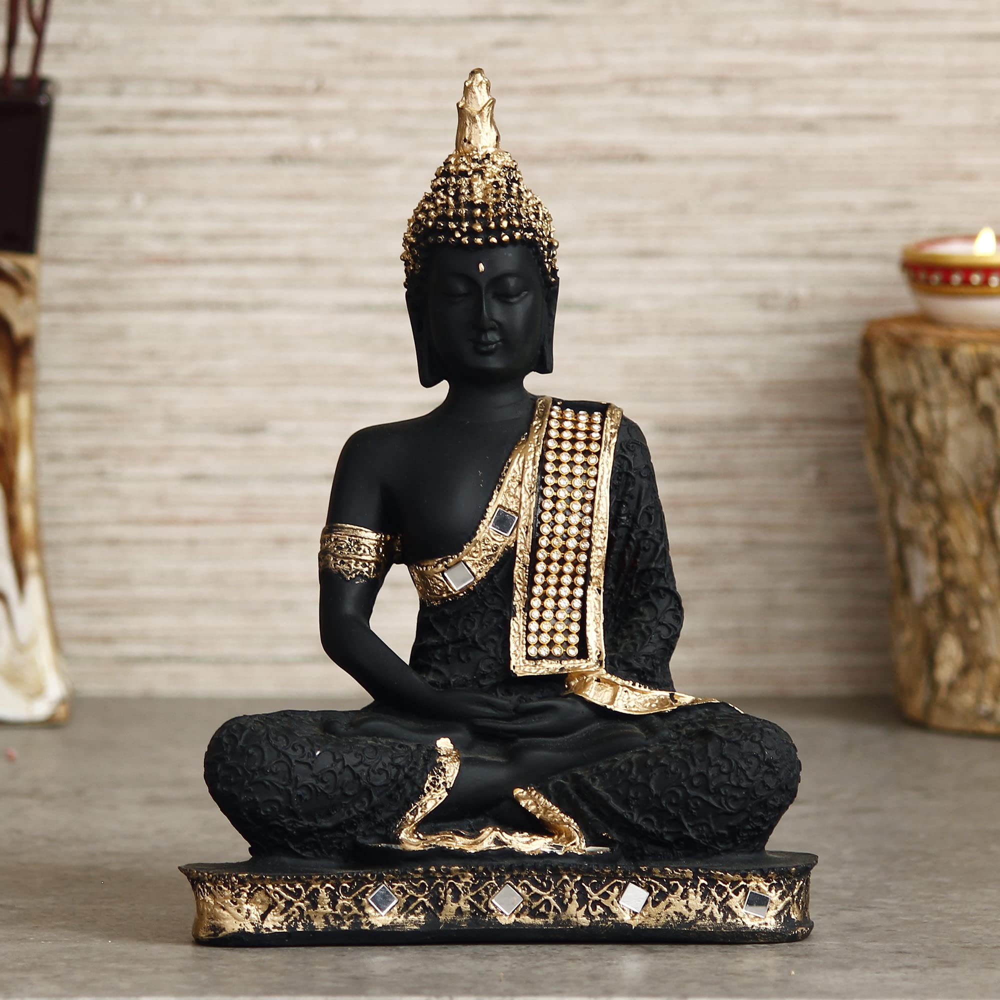 Ecraftindia Golden Black Resin Handcrafted Meditating Lord Buddha Idol For Home Decor - Gautam Buddha Statue For Living Room Off