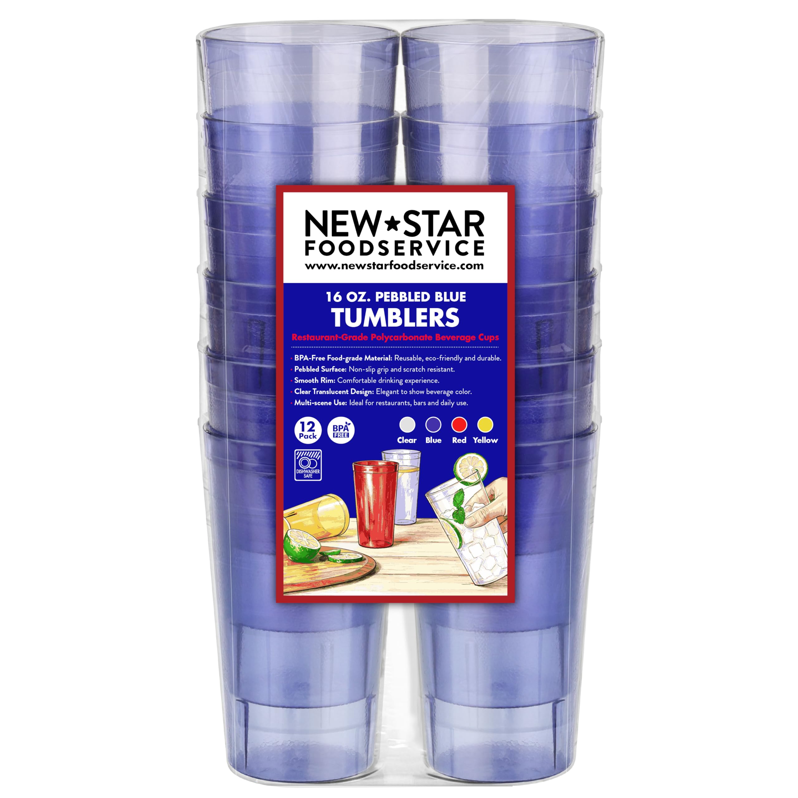 New Star Foodservice Restaurant-Grade Polycarbonate Beverage Tumblers, 16 oz, Blue, Set of 12