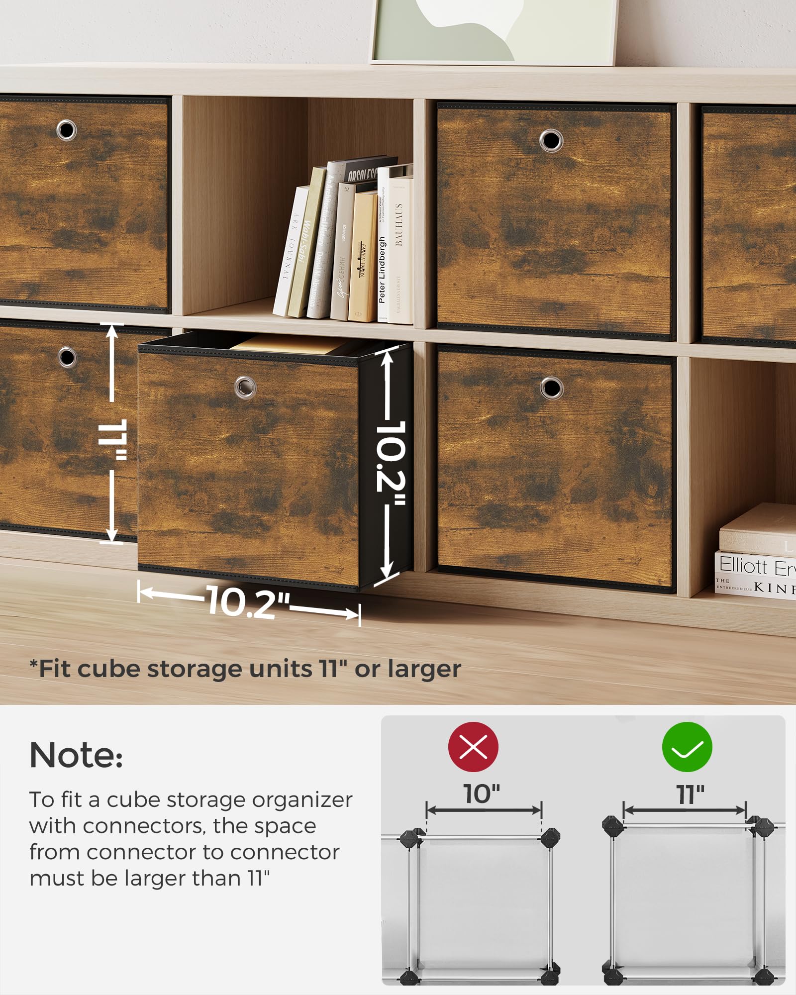 SONGMICS Storage Cubes  Set of 6 Storage Bins with Handles  Foldable Oxford Fabric and Non-Woven Fabric Storage Boxes  10.2x10.2x11 Inches  Fit Cube Storage Unit  Rustic Brown and Black URFB126B01