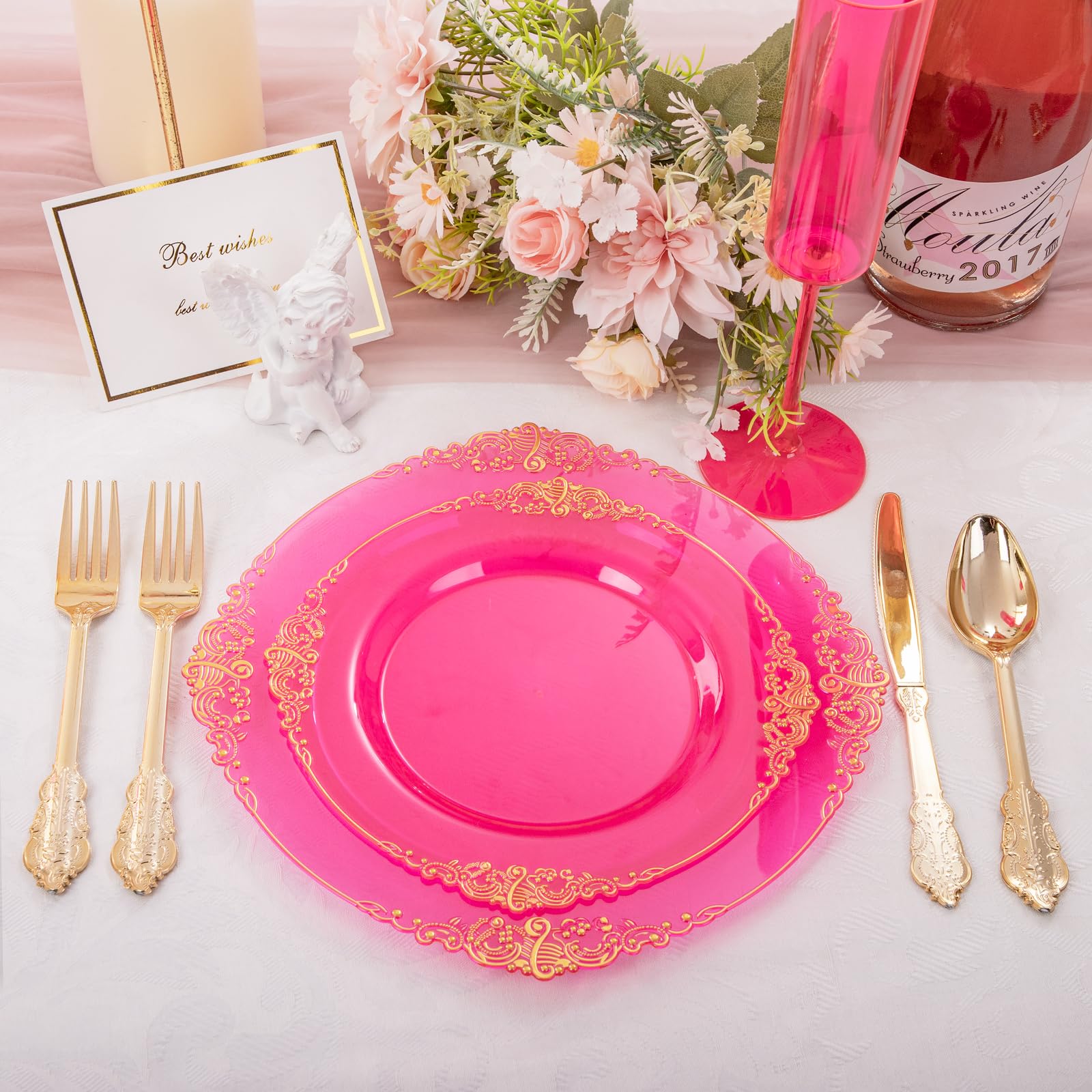 Joyido 102Pcs Hot Pink Plastic Plates - Pink Disposable Plates With Gold Rim - Hot Pink Party Plates Include 51Pcs 7.5Inch Desse