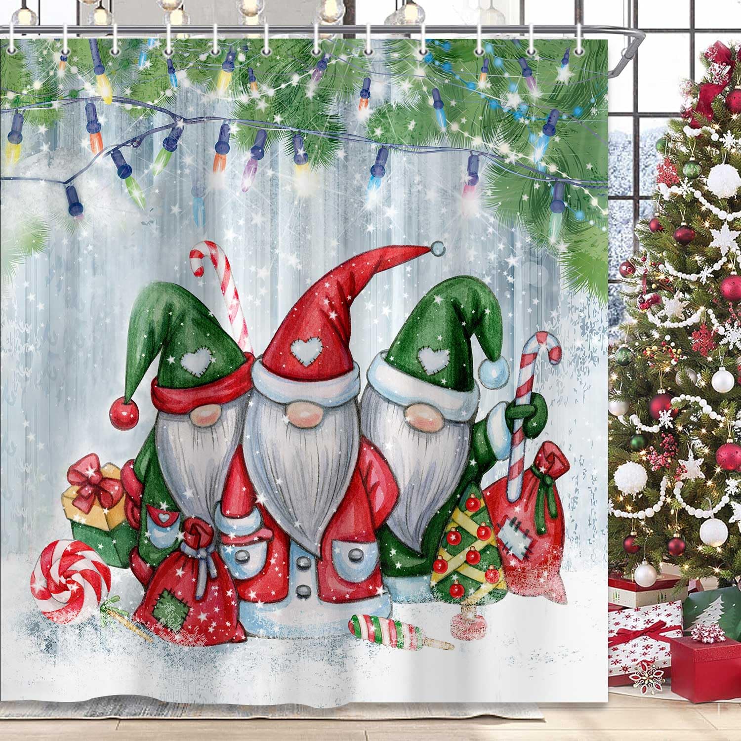 Hjokiupt Merry Christmas Gnome Shower Curtains For Bathroom, Winter Snowflake Xmas Pine Leaves Lamp Holiday Home Decor Bath Curt