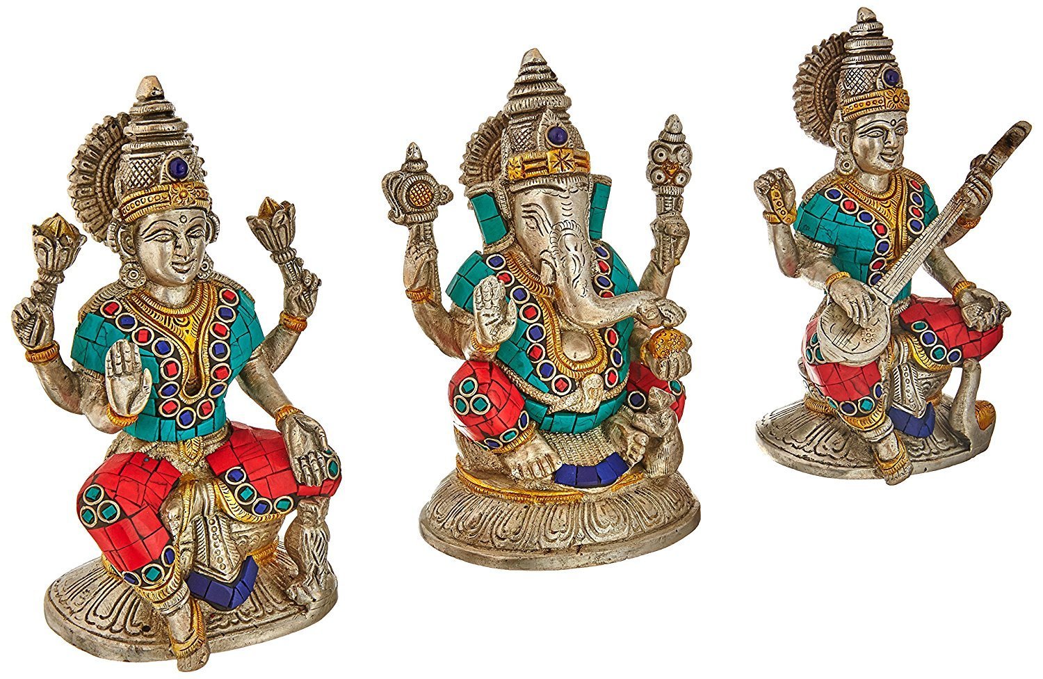 Idol Collections Brass Lakshmi Ganesha Ganesh Murti Idol Statue Saraswati Set Of Three Height 6.5 Inches