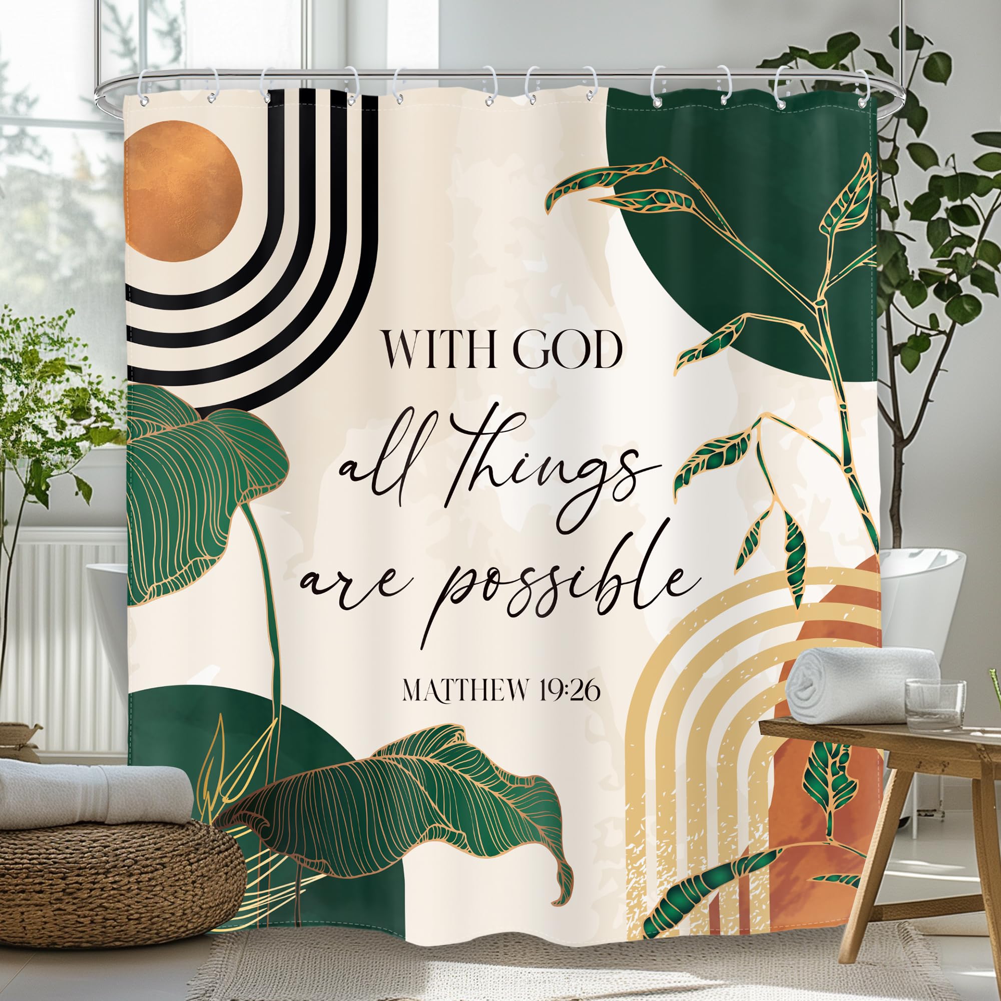 Glawry Green Boho Bible Verse Shower Curtain Christian Scripture Inspirational Quotes Abstract Tropical Palm Bathroom Mid Centur