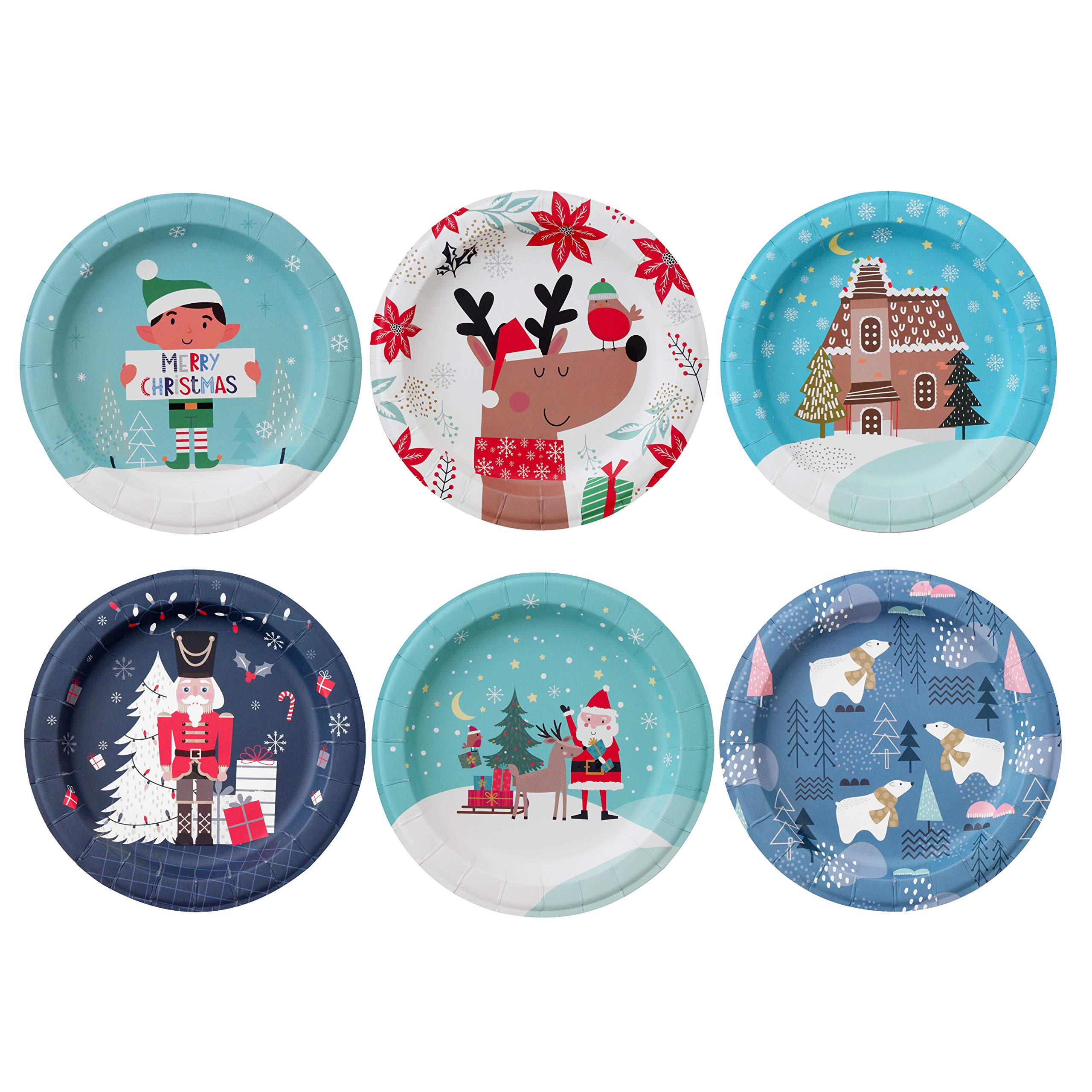 Paper Plates - 60-Count 8'' X 8'' Disposable Christmas Party Supply Dessert Plates In 6 Designs - Reindeer, Santa, Polar Bear, E