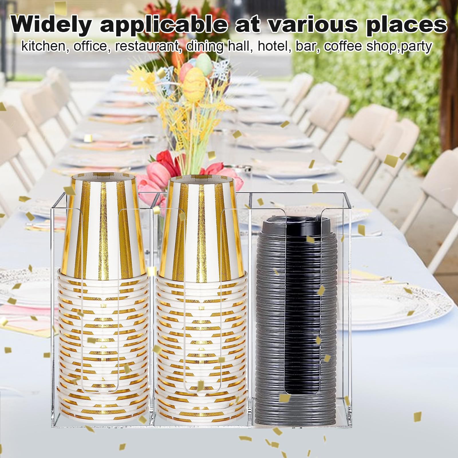 Coffee Cup Dispenser For Counter,Disposable Cup Lids And Straw Holder With 3 Compartments, Wall Mount Cup Holder For Plastic,Pap