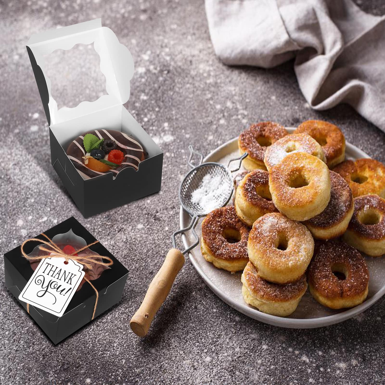 Kposiya 60 Pcs Black Bakery Boxes With Window Individual Cupcake Boxes 4X4X2.5 Inches Cookie Boxes Kraft Paper Black Gift Box Fo