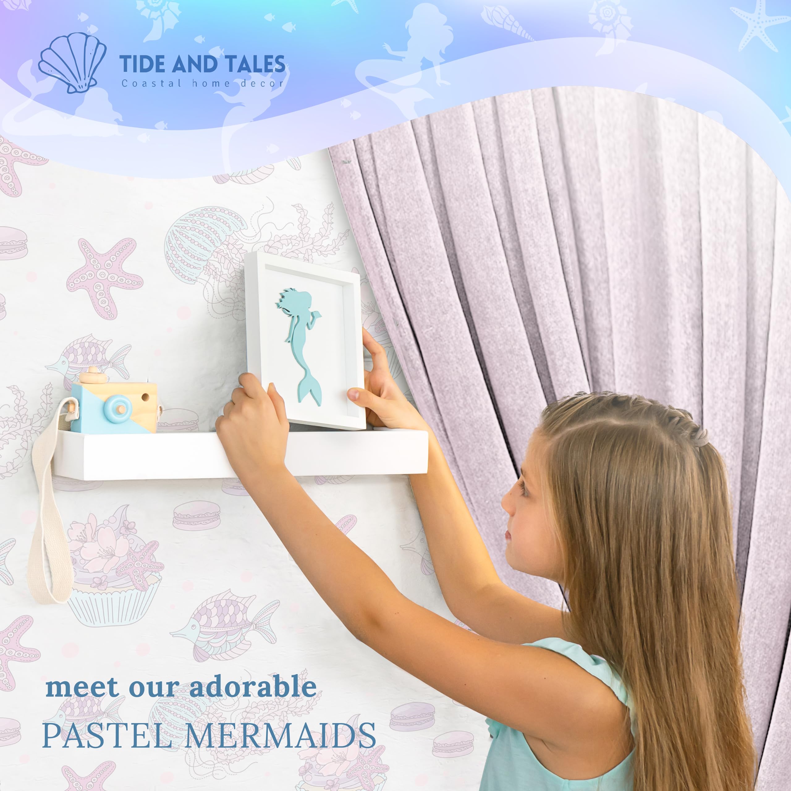 Tideandtales Elegant 3D Mermaid Wall Decor, Framed Wooden Set Of 3 Silhouettes In Pastel Colors, Mermaid Bathroom Decor, Mermaid