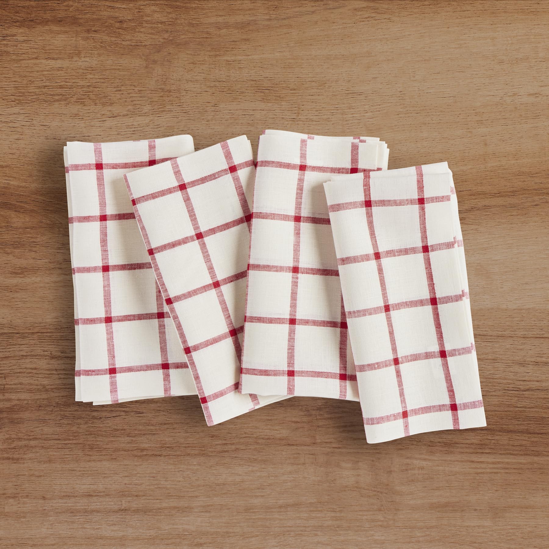 Solino Home Plaid Linen Cloth Napkins Set Of 4-100% Pure Linen Tofu And Red Check Dinner Napkins 20 X 20 Inch - Handcrafted And