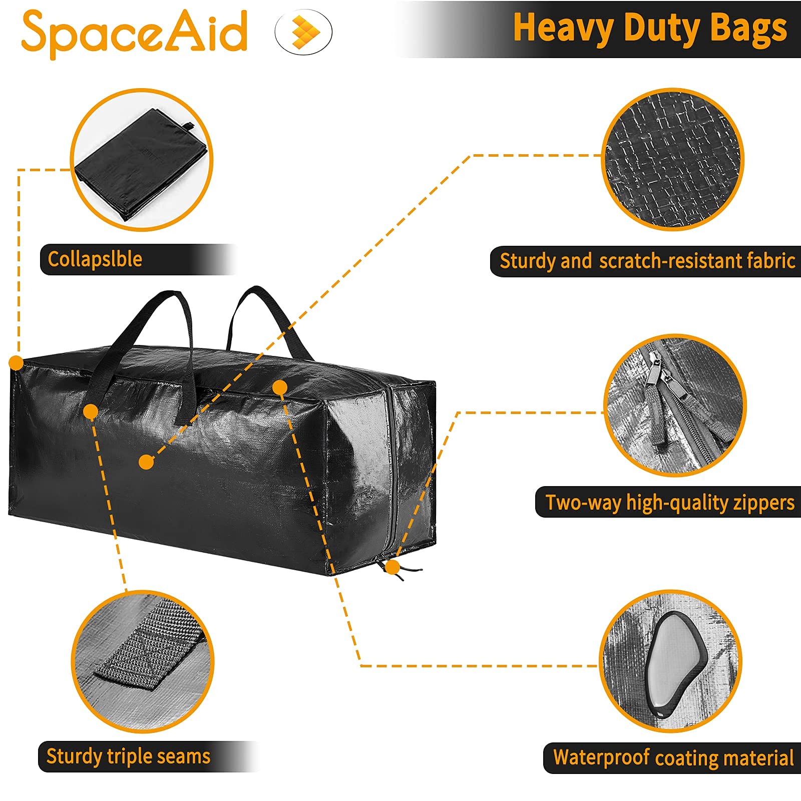 SpaceAid Heavy Duty Moving Bags  Extra Large Storage Totes W/Backpack Straps Strong Handles & Zippers  Alternative to Moving Boxes  Packing & Moving Supplies  Black (6 Pack)