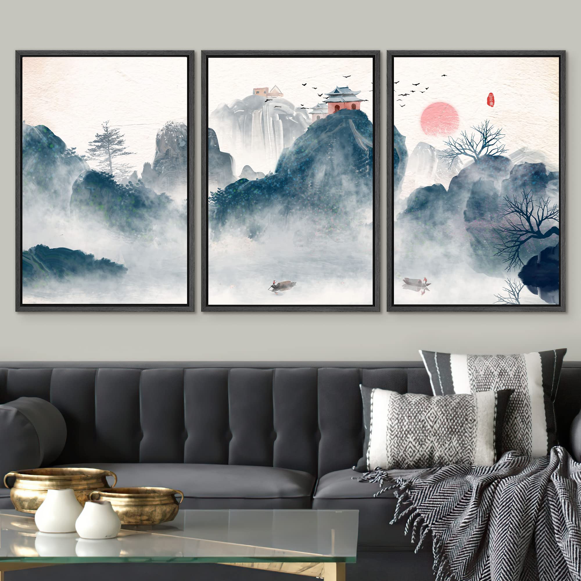 Signwin 3 Piece Framed Canvas Wall Art Zen Canvas Prints Home Artwork Decoration For Living Room,Bedroom - 16''X24''X3 Black