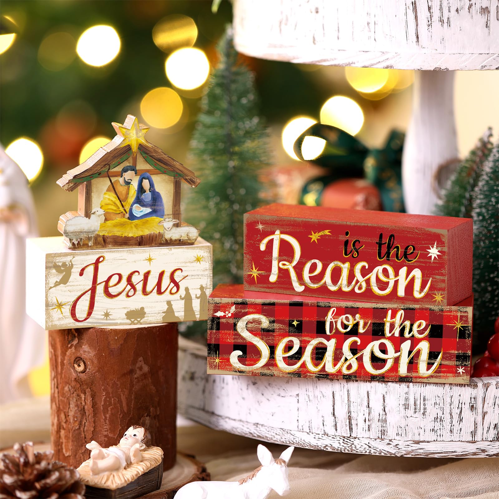 Moucuny 4 Pcs Nativity Sets Table Decor Wooden Nativity Scene Decoration Christmas Tiered Tray Decor Holy Night Centerpieces Far