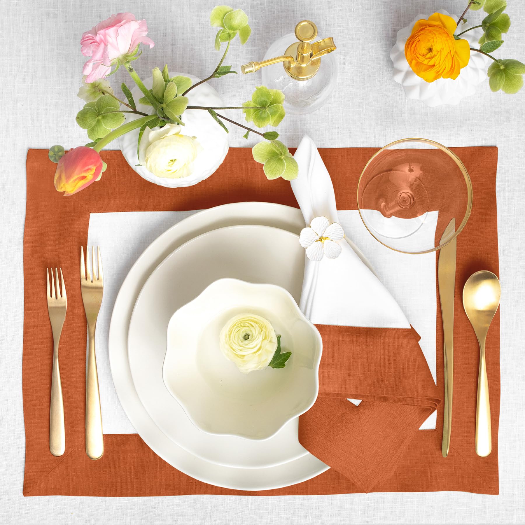 Solino Home Linen Placemats Set Of 4-100% Pure Linen Cloth Fabric Placemats Cinnamon And White - 19'' L X 14'' W Inch Washable D