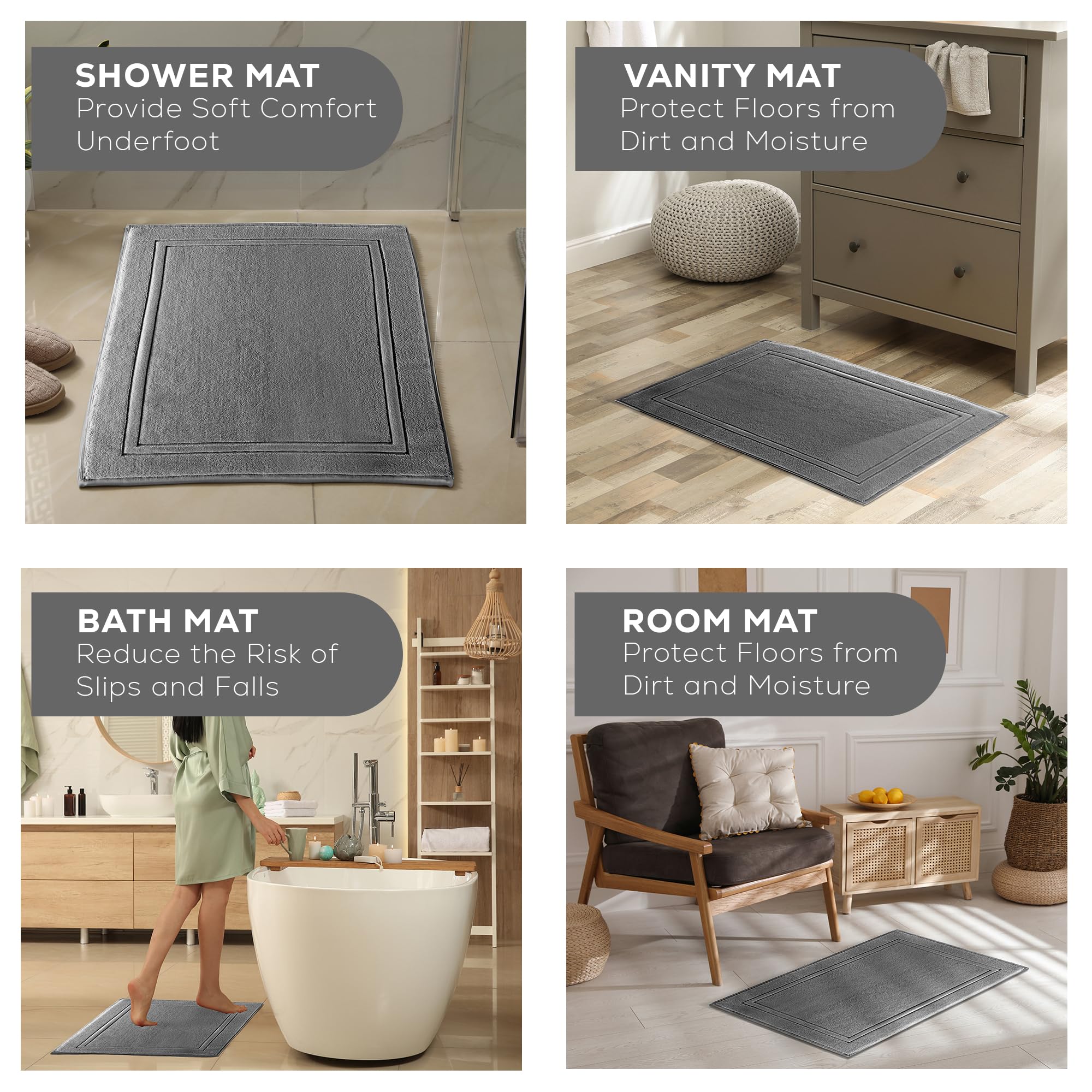 Alibi Bath Mat Floor Towel Set | 2 Pack of Super Soft & Absorbent Luxury Cotton Towels | Hotel  Spa  Shower & Bathroom Step Out of Tub Floor Mats [NOT a Bathroom Rug] |Machine Washable - Grey 22 X 34