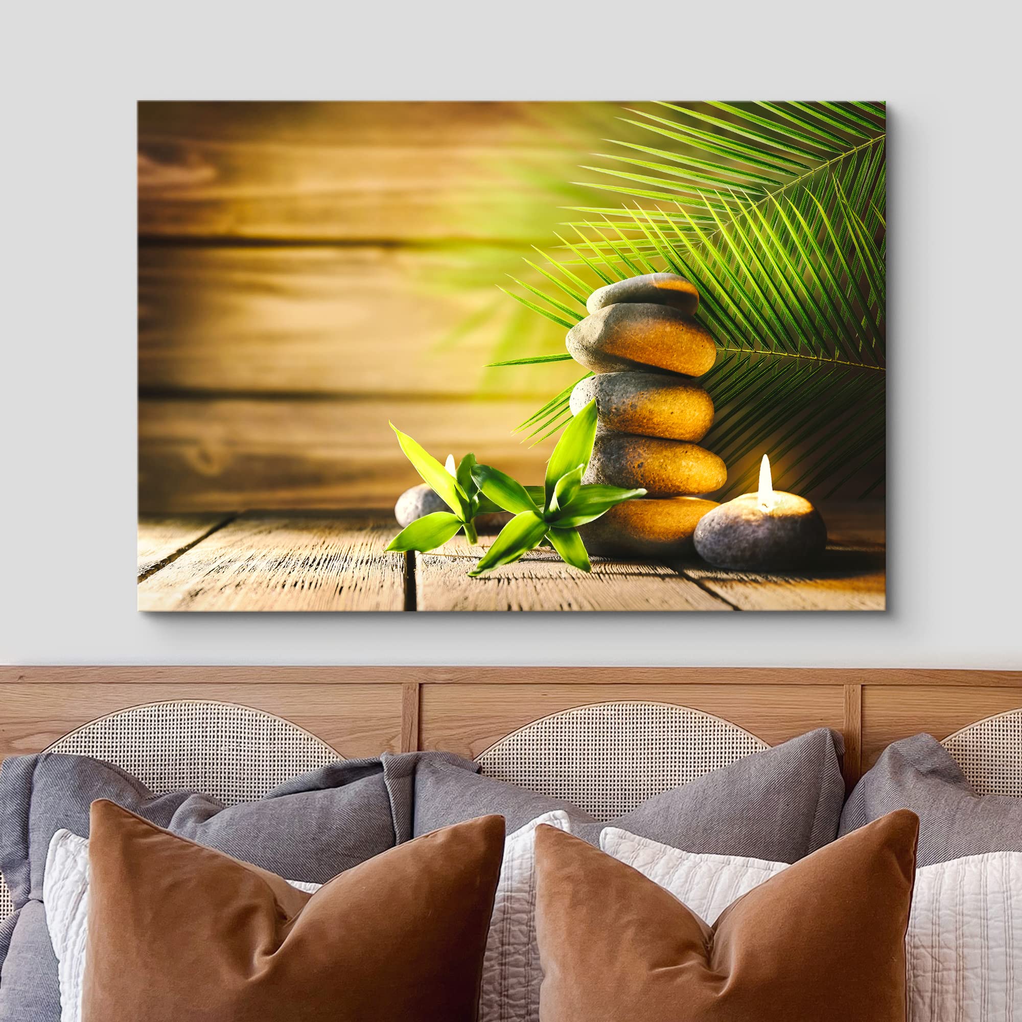 Wall26 Canvas Print Wall Art Wood Panel Zen Palm Leaf Meditation Candle Massage Stones Nature Wilderness Photography Realism Lan