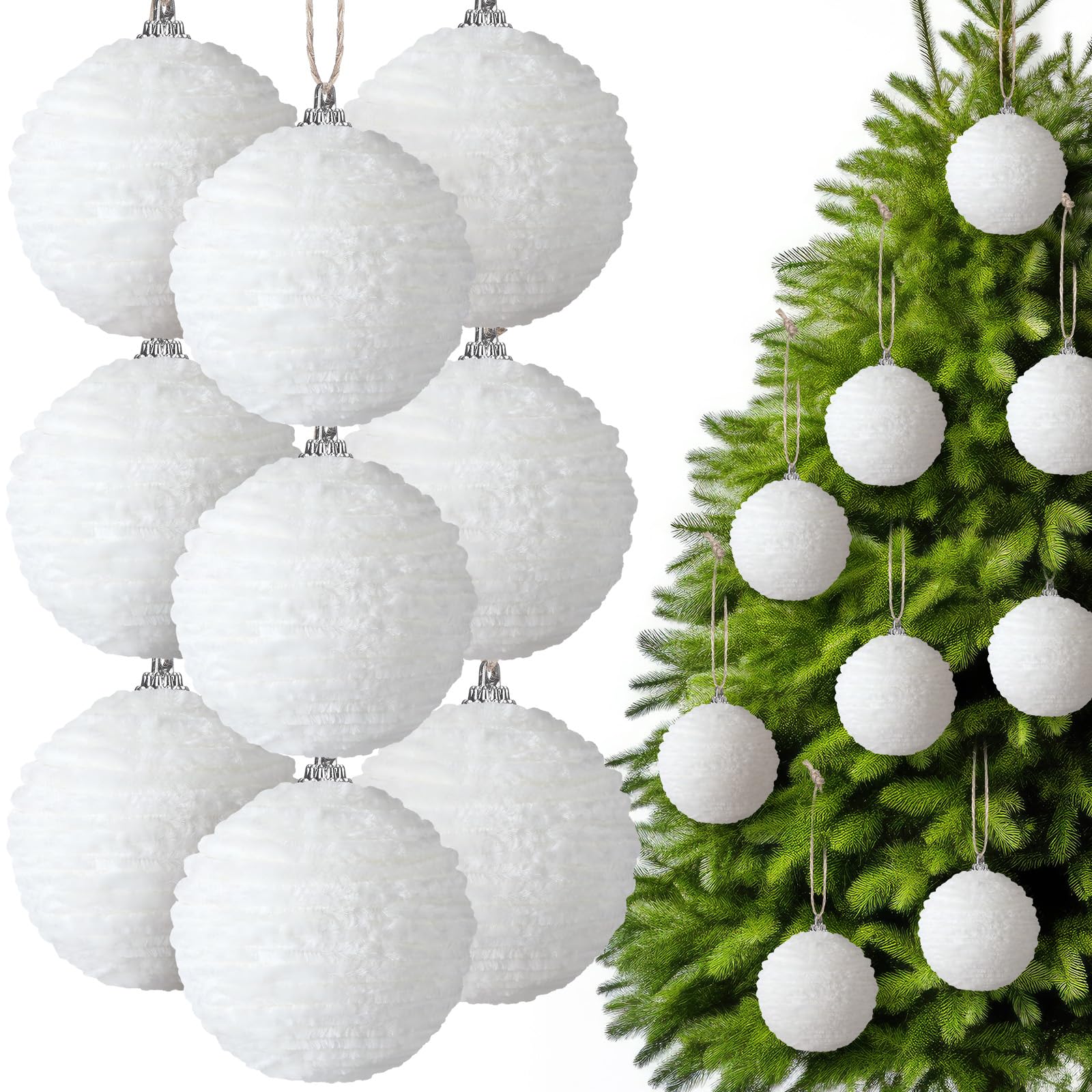 Hungdao 9 Pcs White Christmas Ornaments Velvet Ball Flocked Chenille Christmas Tree Ball Ornaments Decorative Xmas Hanging Decor