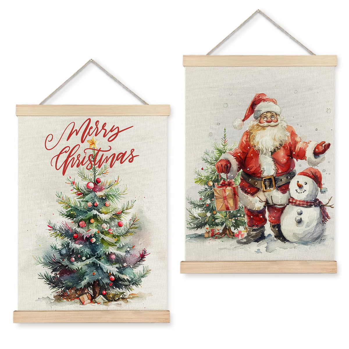 Luvadian Merry Christmas Wall Art With Wood Poster Hanger Set Of 2, Christmas Wall Decor, Christmas Tree Santa Claus Snowman Pos