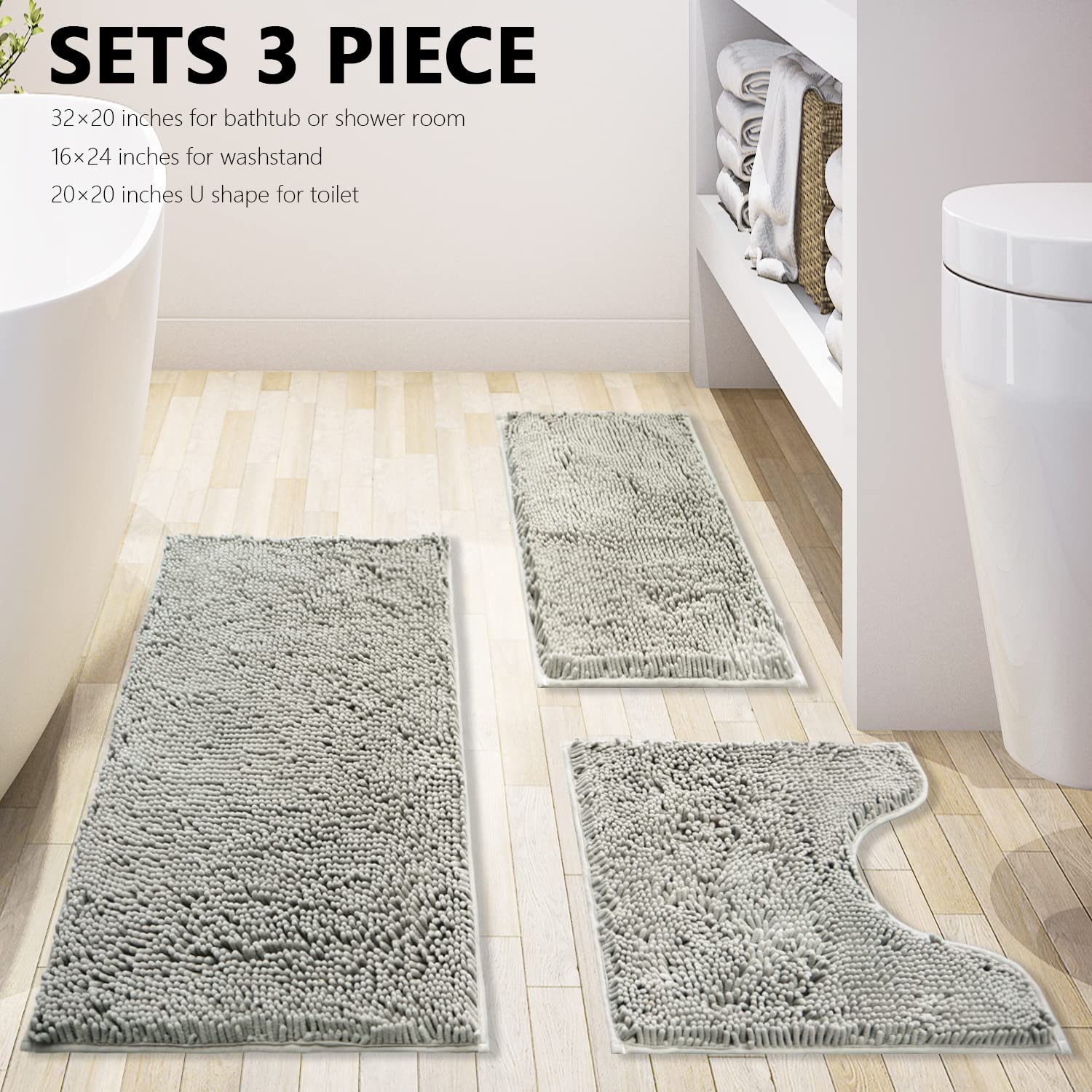 Bathroom Rugs Sets 3 Piece Extra Soft and Absorbent Shag Chenille bathroom Rugs Set  Machine Washable Bathroom Rug Set  Strong PVC Non-Slip Underside  Plush Bathroom Rug Sets 3 Piece (Light Grey)