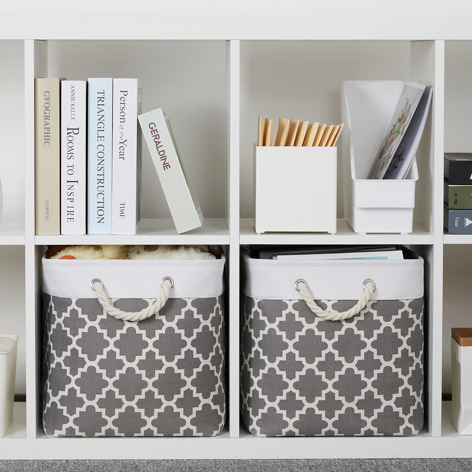 Bidtakay Large Fabric Storage Basket Set Of 2 Collapsible Rectangle Basket For Shelves 16'' X 11.8'' X 11.8'' Decorative Organiz