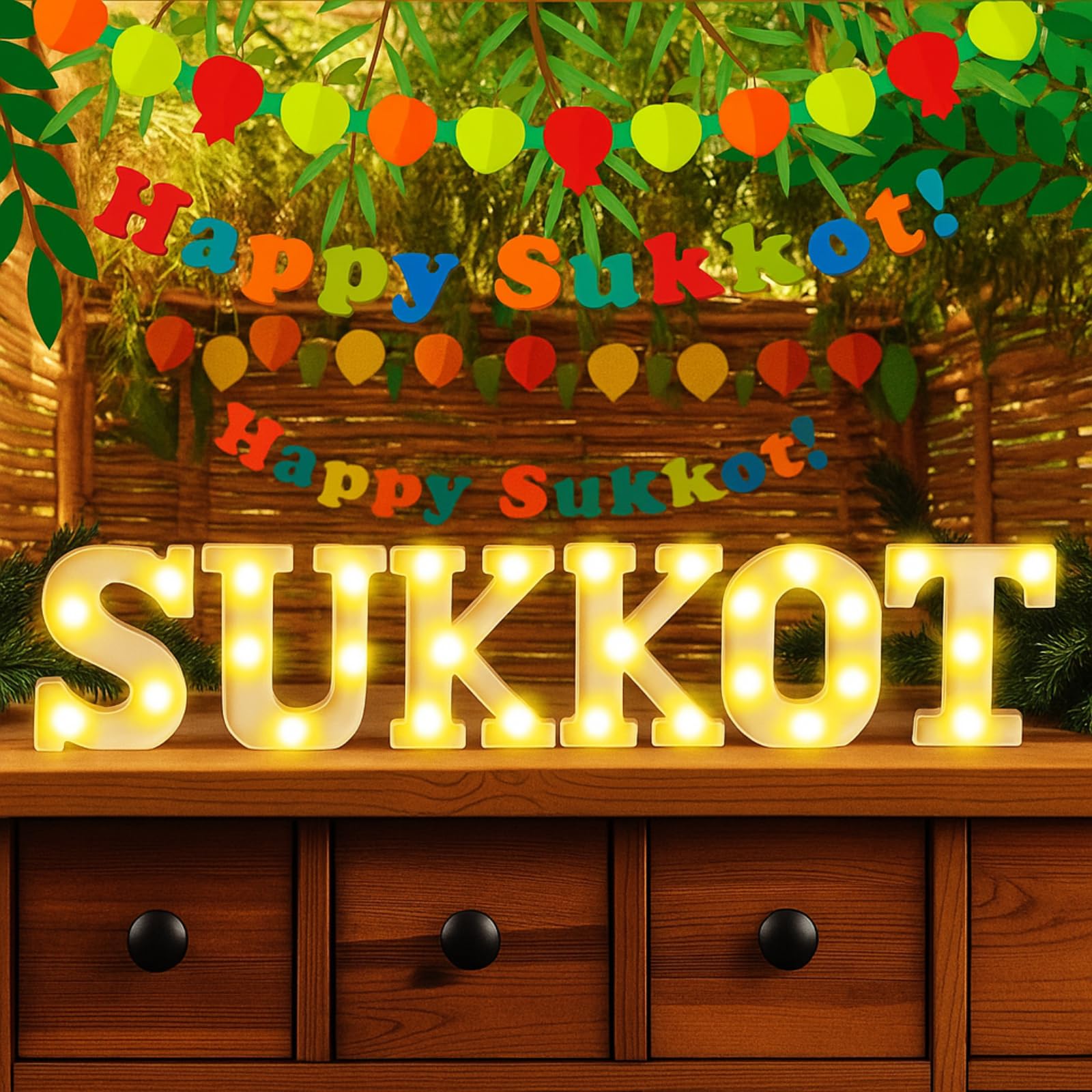 Honoson 6 Pcs Happy Sukkot Party Decoration Sukkah Supplies LED Letter Lights Neon Sign Table Decoration for Jewish Sukkot Party