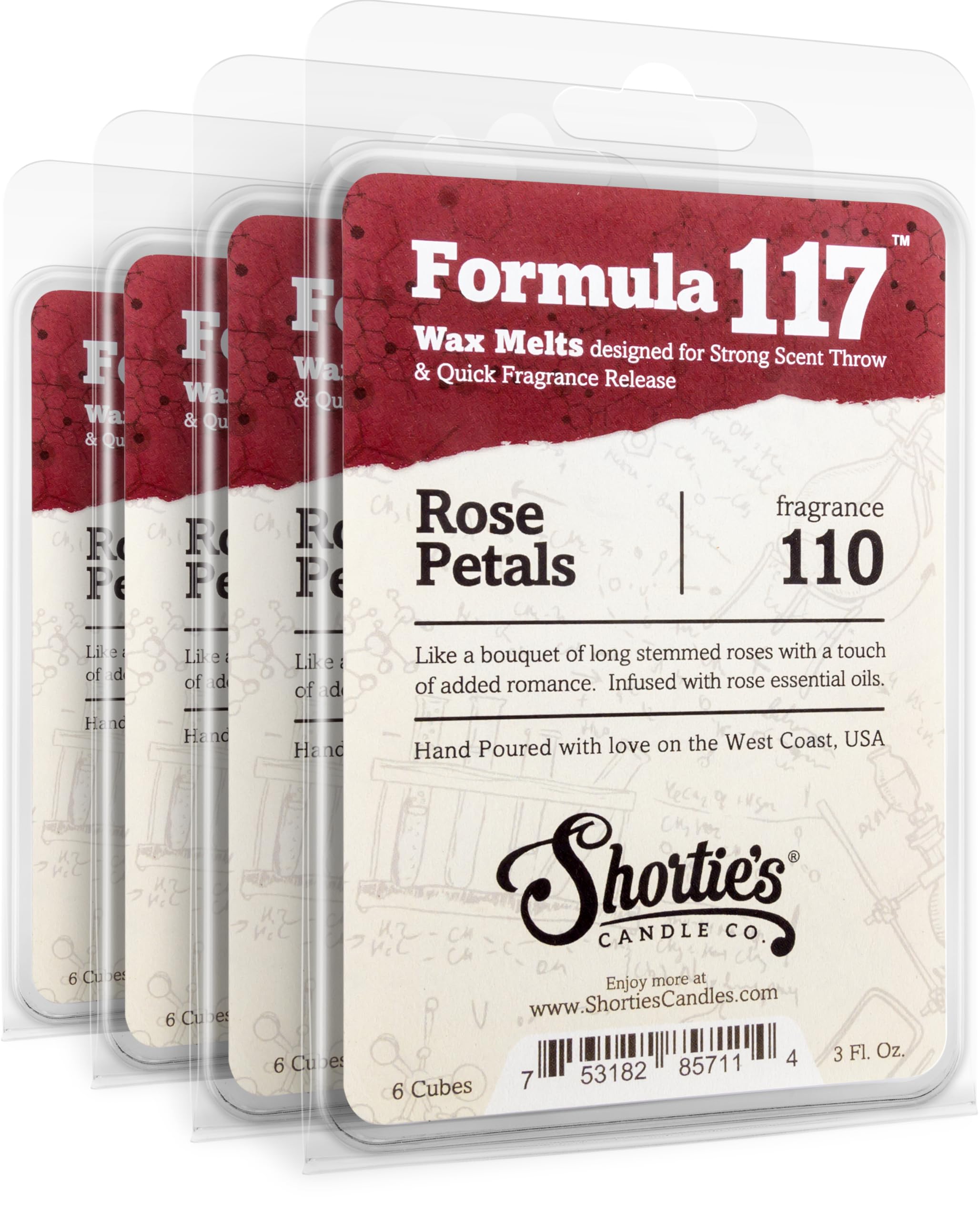 Shortie's Candle Company Rose Petals Wax Melts Bulk Pack - Formula 117-4 Highly Scented 3 Oz. Bars (12 Oz. Total) - Made with Na