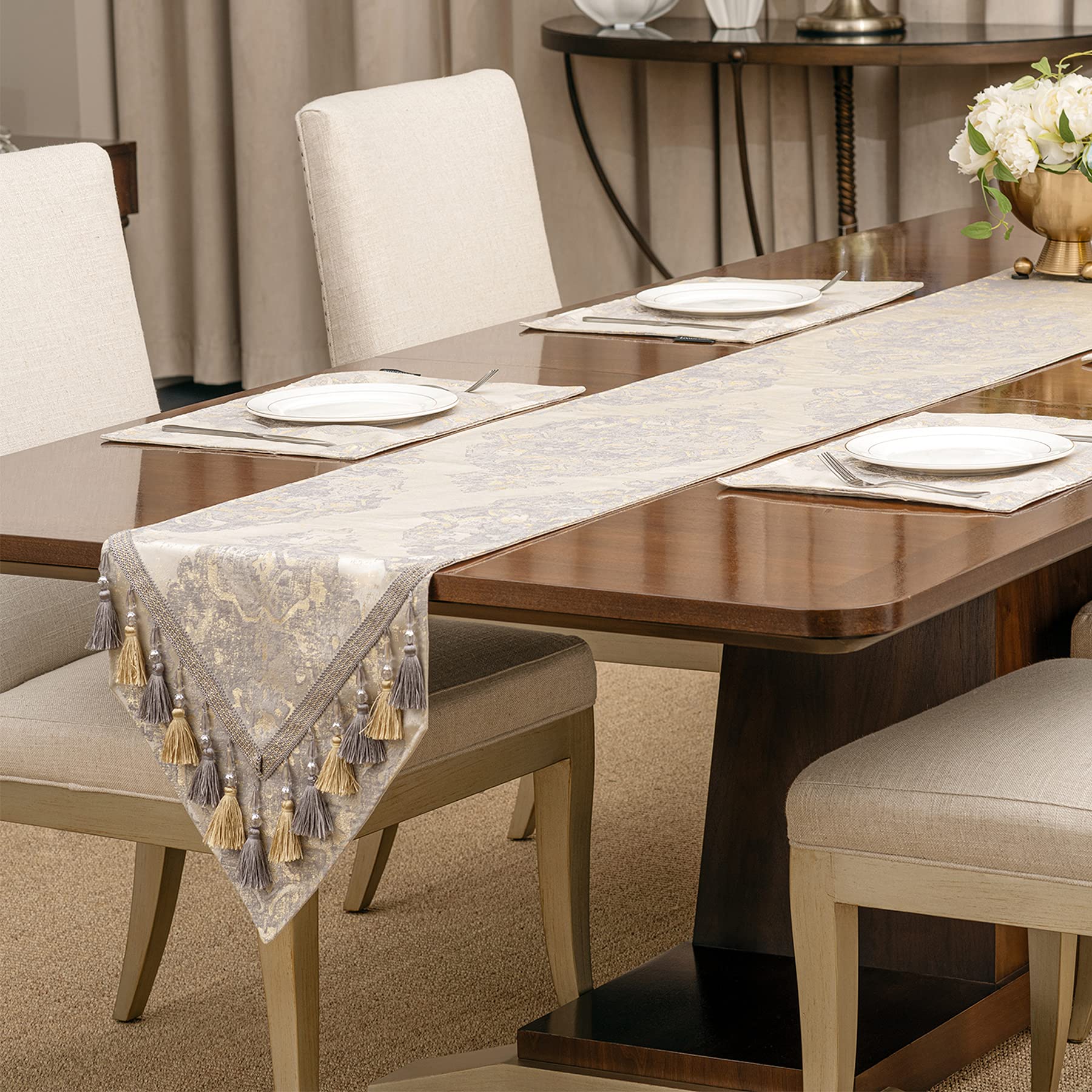 Loom And Mill Luxury Table Runner 90 Inches Long, Elegant Damask Jacquard Table Runners With Handmade Multi-Tassels For Dining R
