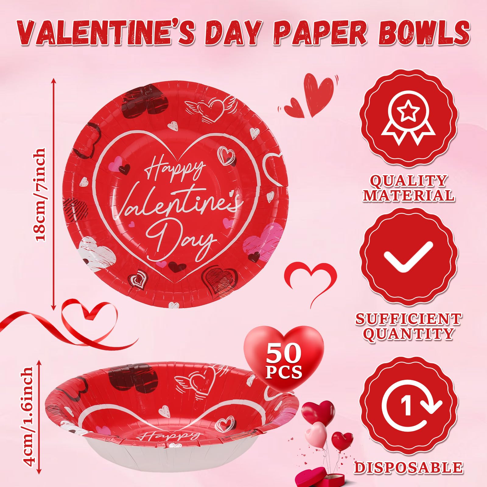 Gisgfim 50 Pcs 16 Oz Valentine'S Day Bowls Party Supplies Disposable Valentine'S Day Snack Bowls Red Heart Paper Dessert Bowls D