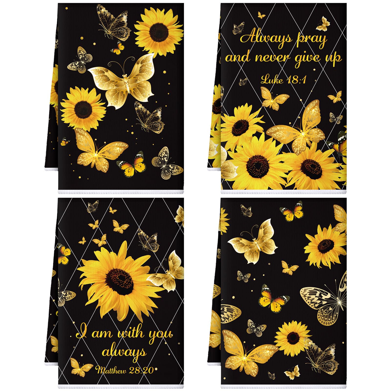 Bencailor 4 Pcs Sunflower Kitchen Towels Christmas Butterfly Flower Hand Dish Towels Black Yellow Floral Fast Drying Absorbent D