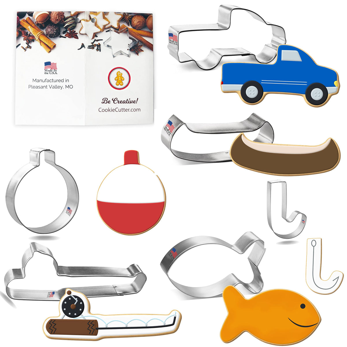 Fishing Cookie Cutter 6 Pc Set - 6 In Fishing Pole, 3.25 In Fish, 1.75 In Fishing Hook, 4 In Canoe, 3 In Fishing Bobber And 4 In