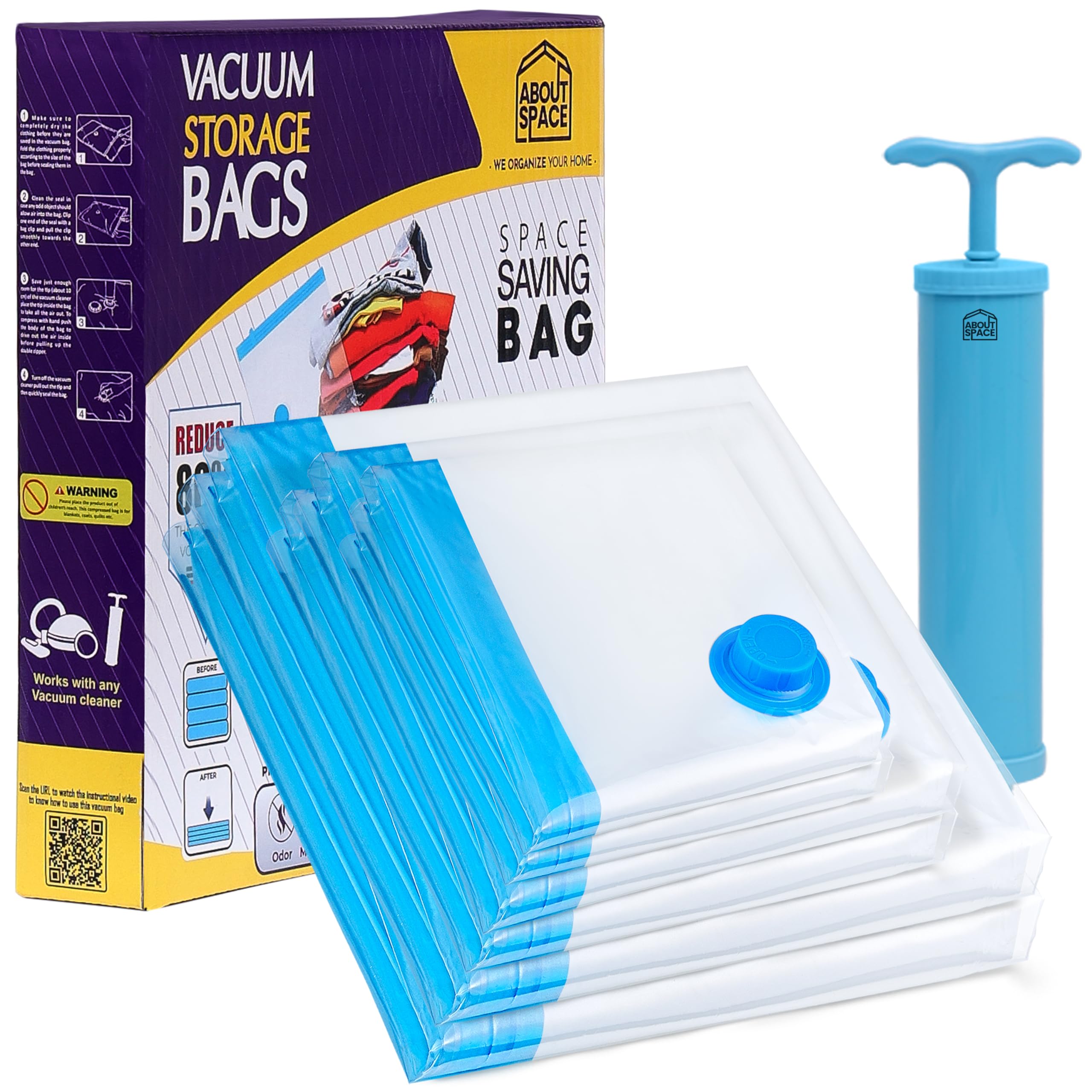 About Space Polyamide Polyethylene Vacuum Compression Bags (6 Pack) With Hand Pump | 2Jumbo/2L/2M Zip Seal Compression Storage B