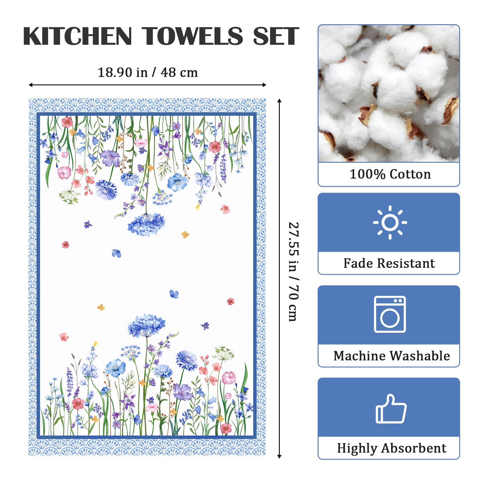 Arquiel Blue Wildflower Tea Towels, Cotton Kitchen Towel 18.9    27.5 Inch, Quick Drying Dish Cloth For Party Anniversary Holida