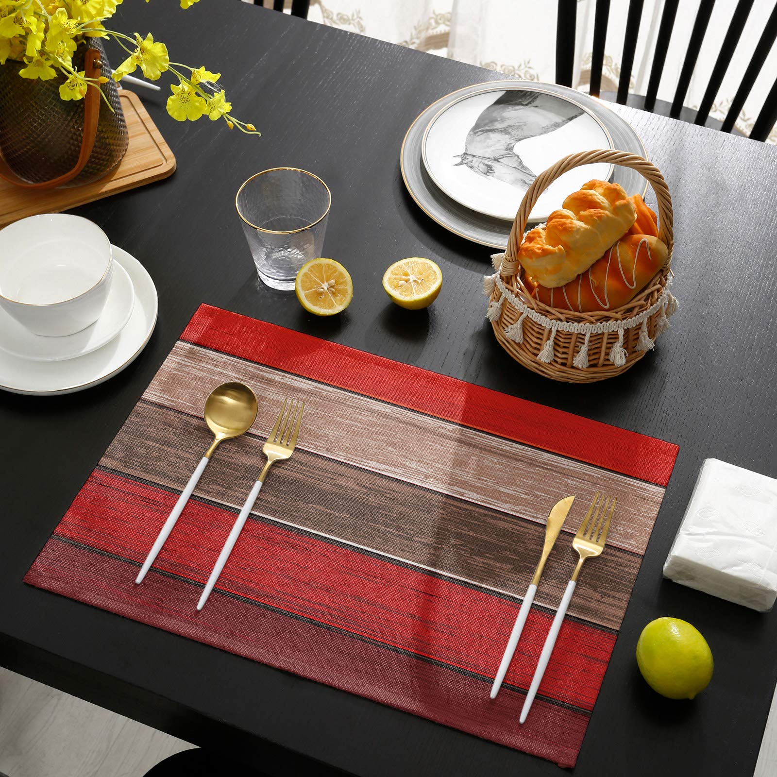 Vandarllin Christmas Red Brown Placemats Set Of 6, Retro Rustic Barn Wood Texture Polyester Stain Resistant Table Mats Washable