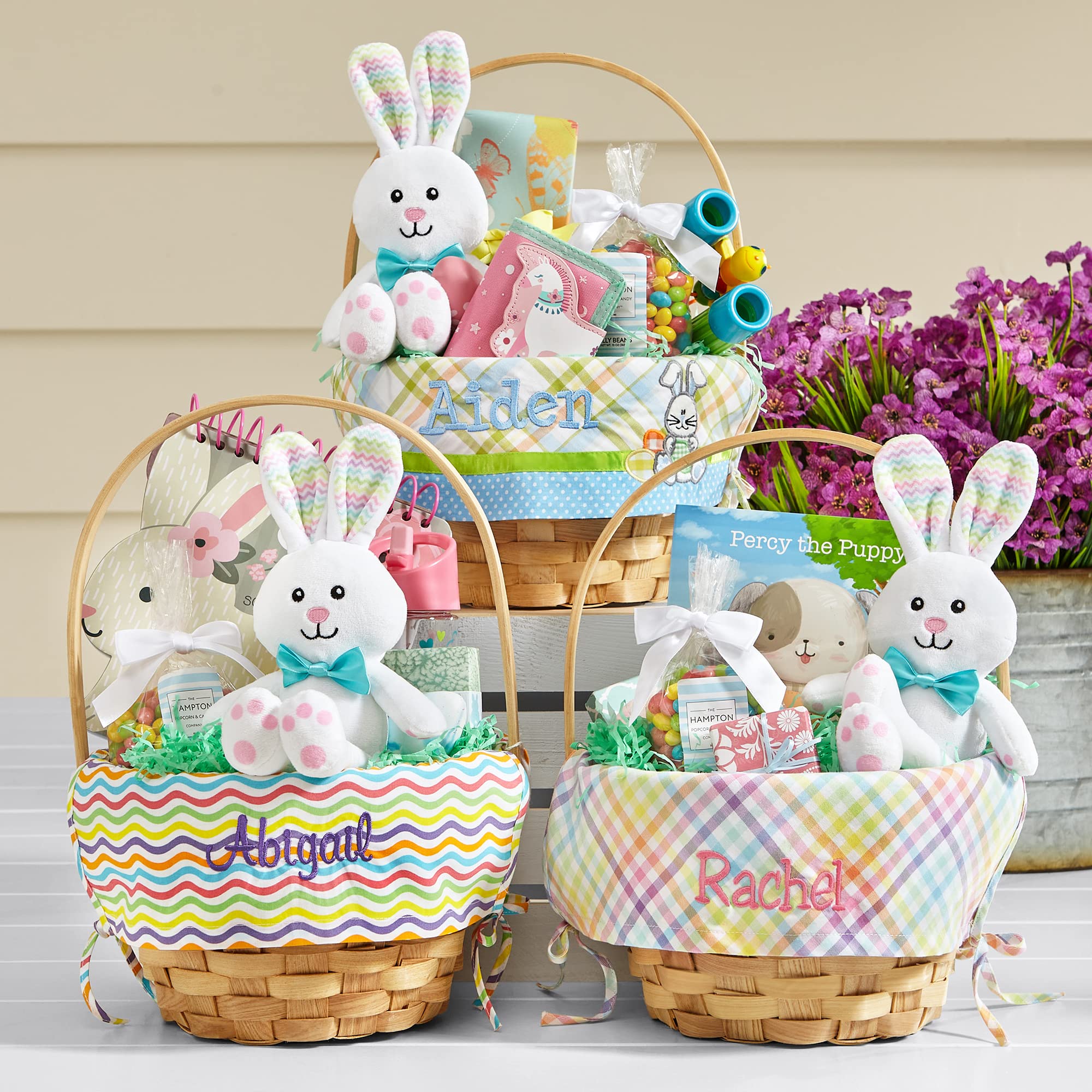 Let'S Make Memories Personalized Easter Basket - Create Your Own - Wicker Basket - Embroidered Liner - Medium - Blue Bunny Appli
