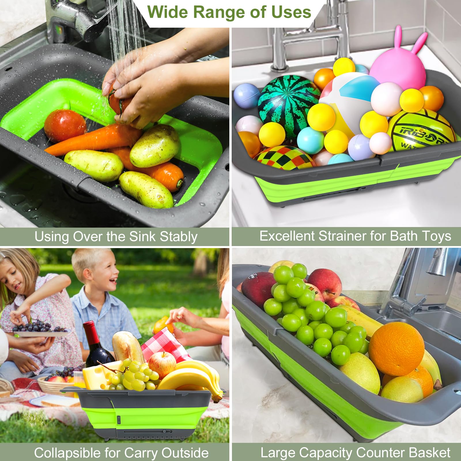 Rottogoon 7Qt Collapsible Colander Strainer, Expandable Over The Sink Colander, Adjustable Silicone Kitchen Sink Strainer, Folda