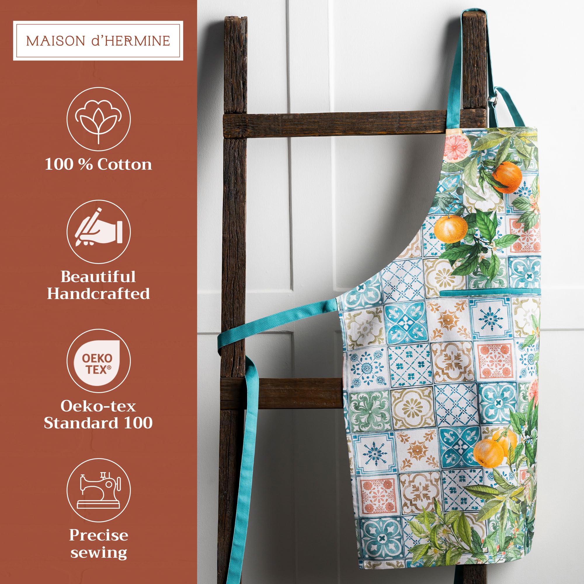 Maison d ' Hermine Apron 100% Cotton 1 Piece Adjustable Neck Strap Clothapron with Center Pocket & Long Ties for Gifts  Women  Men  Banquet  Agrume - Spring/Summer (27.50 ''x31.50 '')