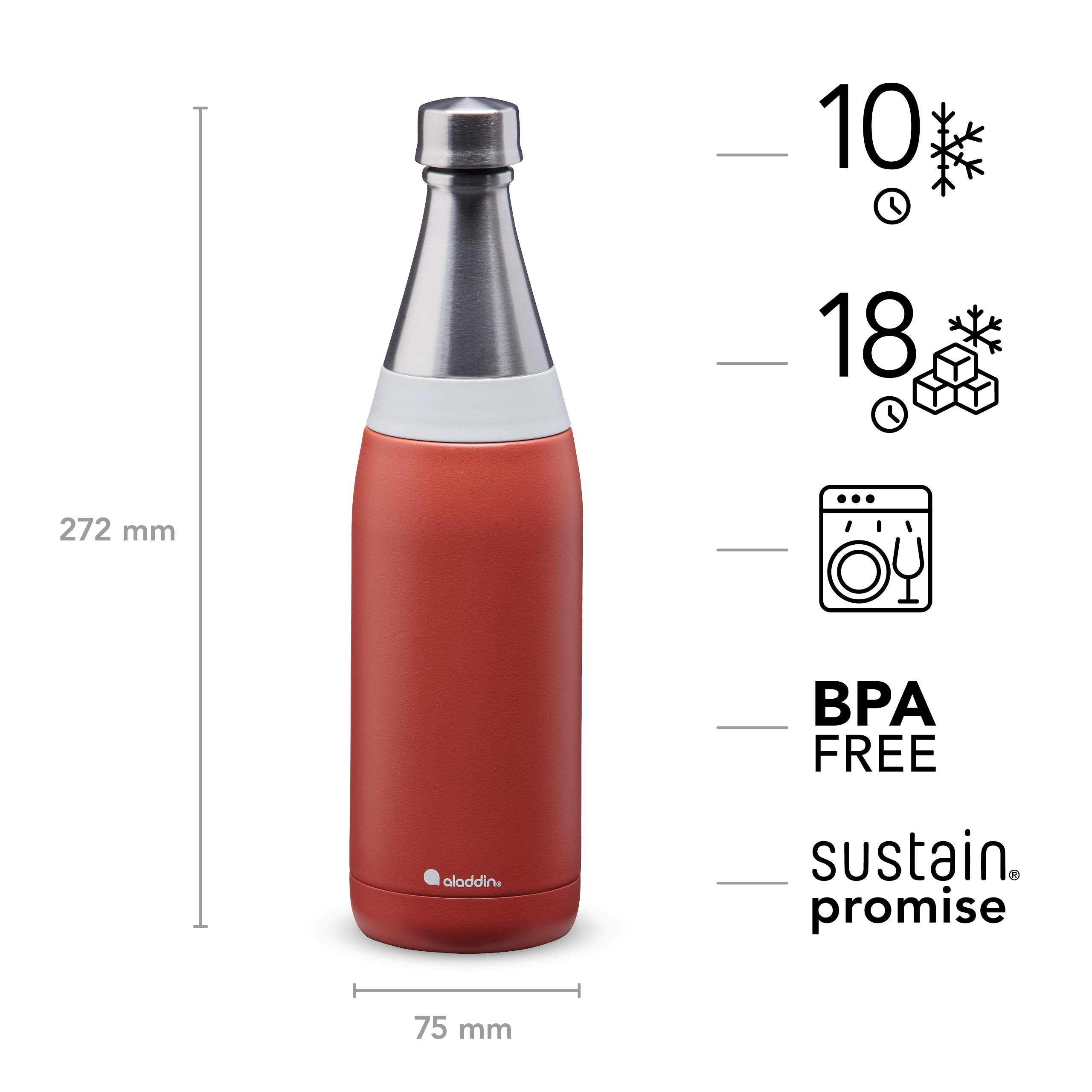 Aladdin Fresco Thermavac Stainless Steel Water Bottle 0.6L Terra Cotta - Leakproof - Keeps Cold for + 10 Hours - BPA-Free - Dishwasher Safe - Reusable Thermos Flask with Durable Finish